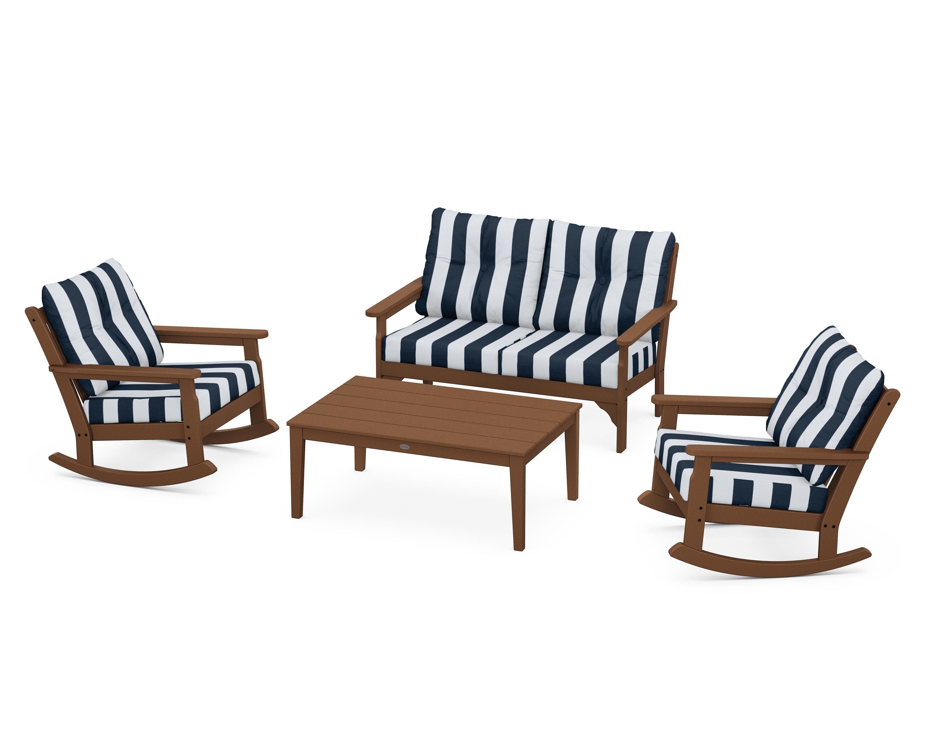 POLYWOOD® Vineyard 4-Piece Deep Seating Rocking Chair Set in Teak / Cabana Stripe Marine Indigo