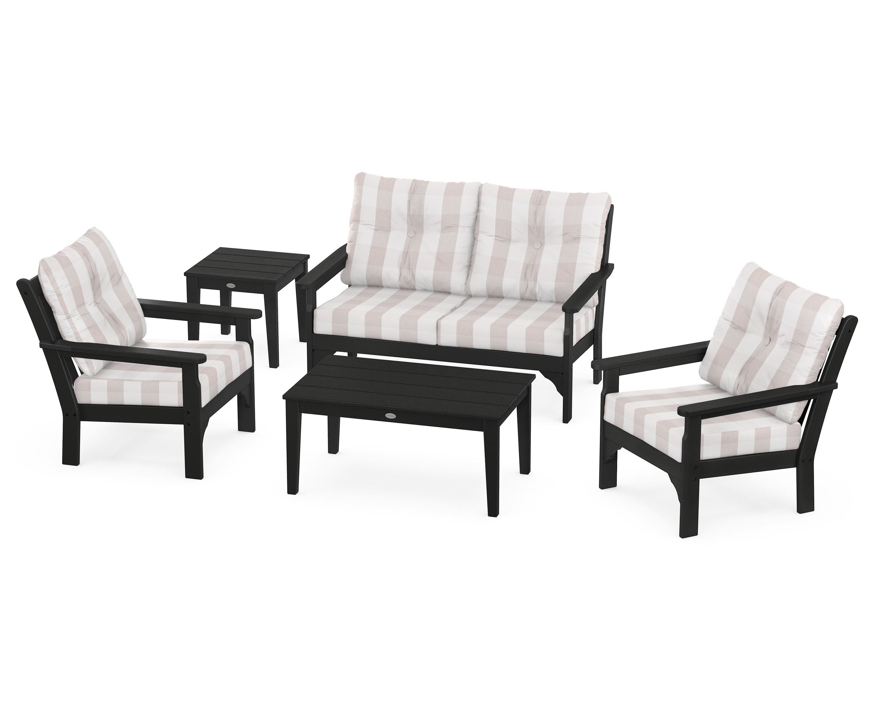 POLYWOOD® Vineyard 5-Piece Deep Seating Set in Black / Buffalo Plaid Dune Burlap