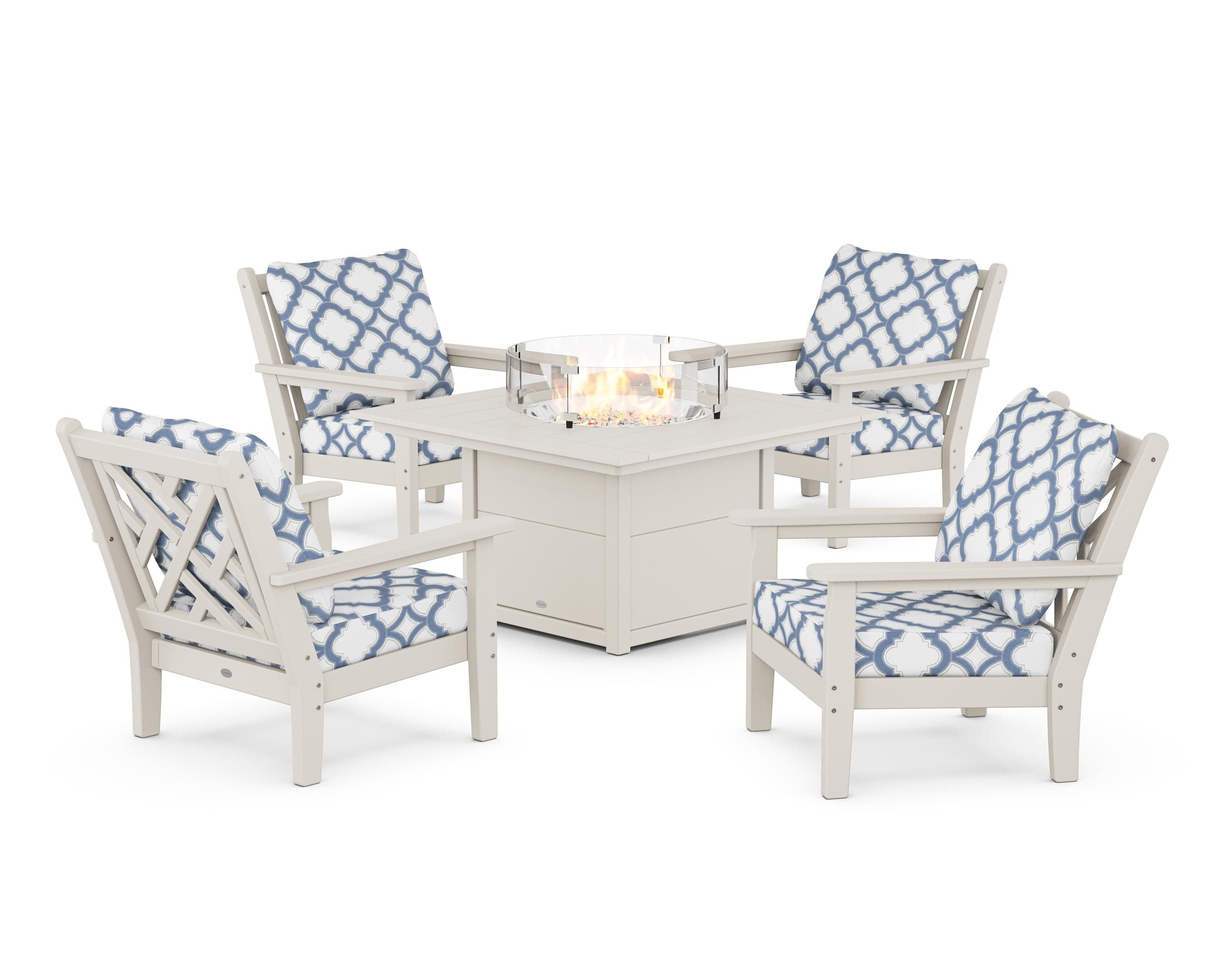 POLYWOOD® Chippendale 5-Piece Deep Seating Set with Fire Pit Table in Sand / Trellis Sky Blue