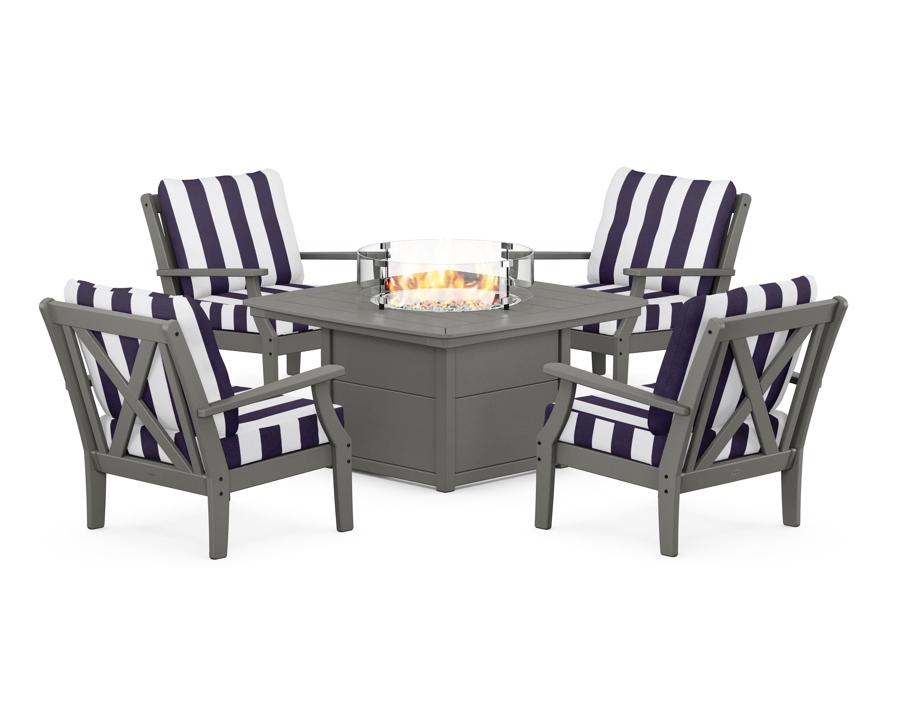 POLYWOOD® Braxton 5-Piece Deep Seating Conversation Set with Fire Pit Table in Slate Grey / Cabana Stripe Navy