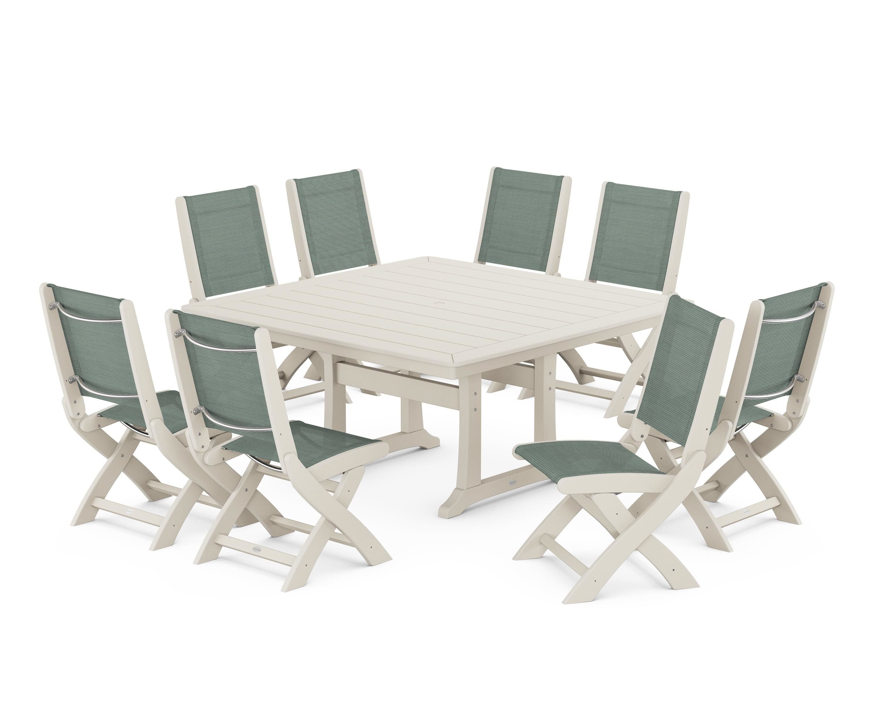 POLYWOOD® Coastal Folding Side Chair 9-Piece Dining Set with Trestle Legs in Sand / Dupioni Sea Mist Sling