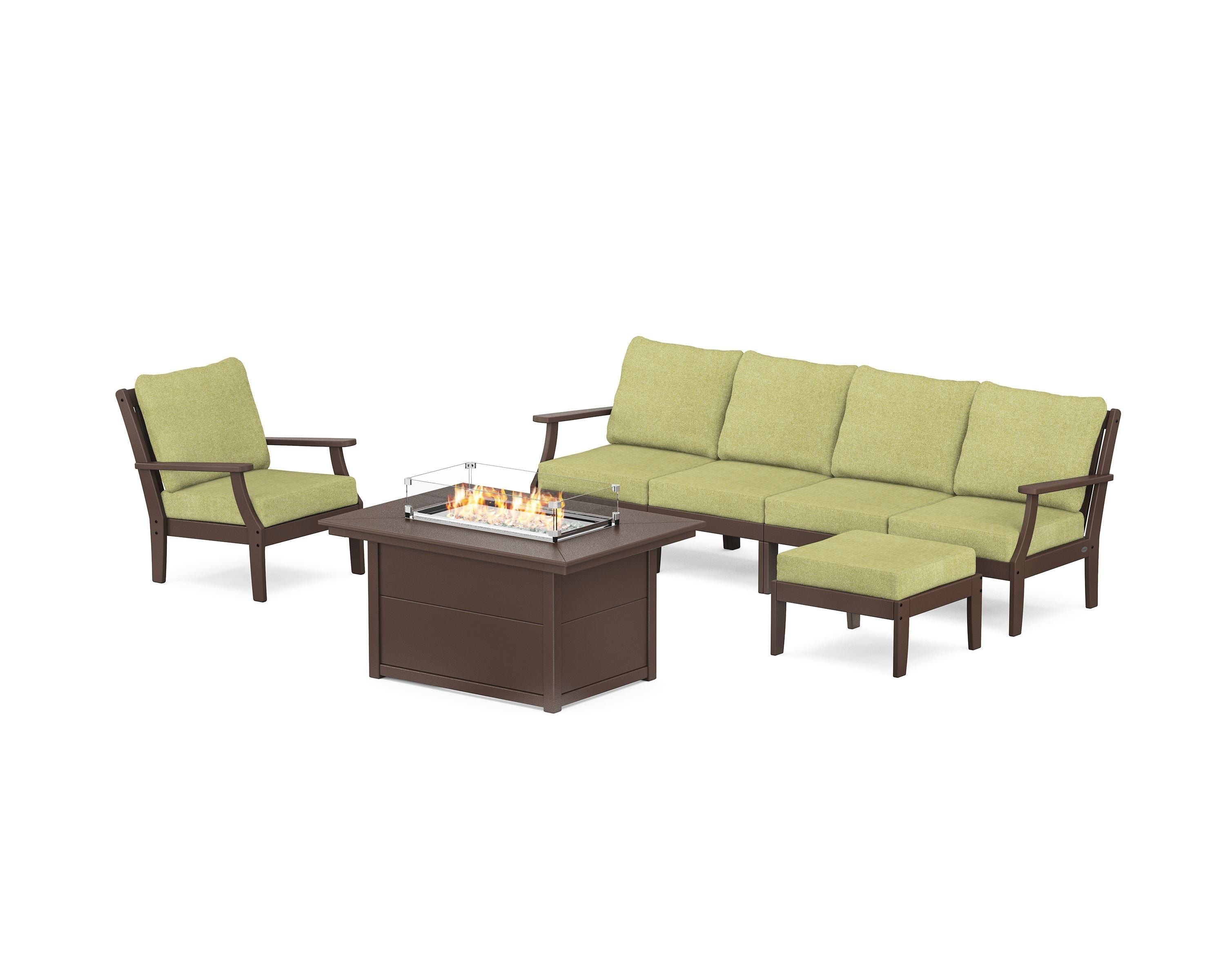 POLYWOOD® Braxton Sectional Lounge and Fire Pit Set in Mahogany / Chartreuse Boucle