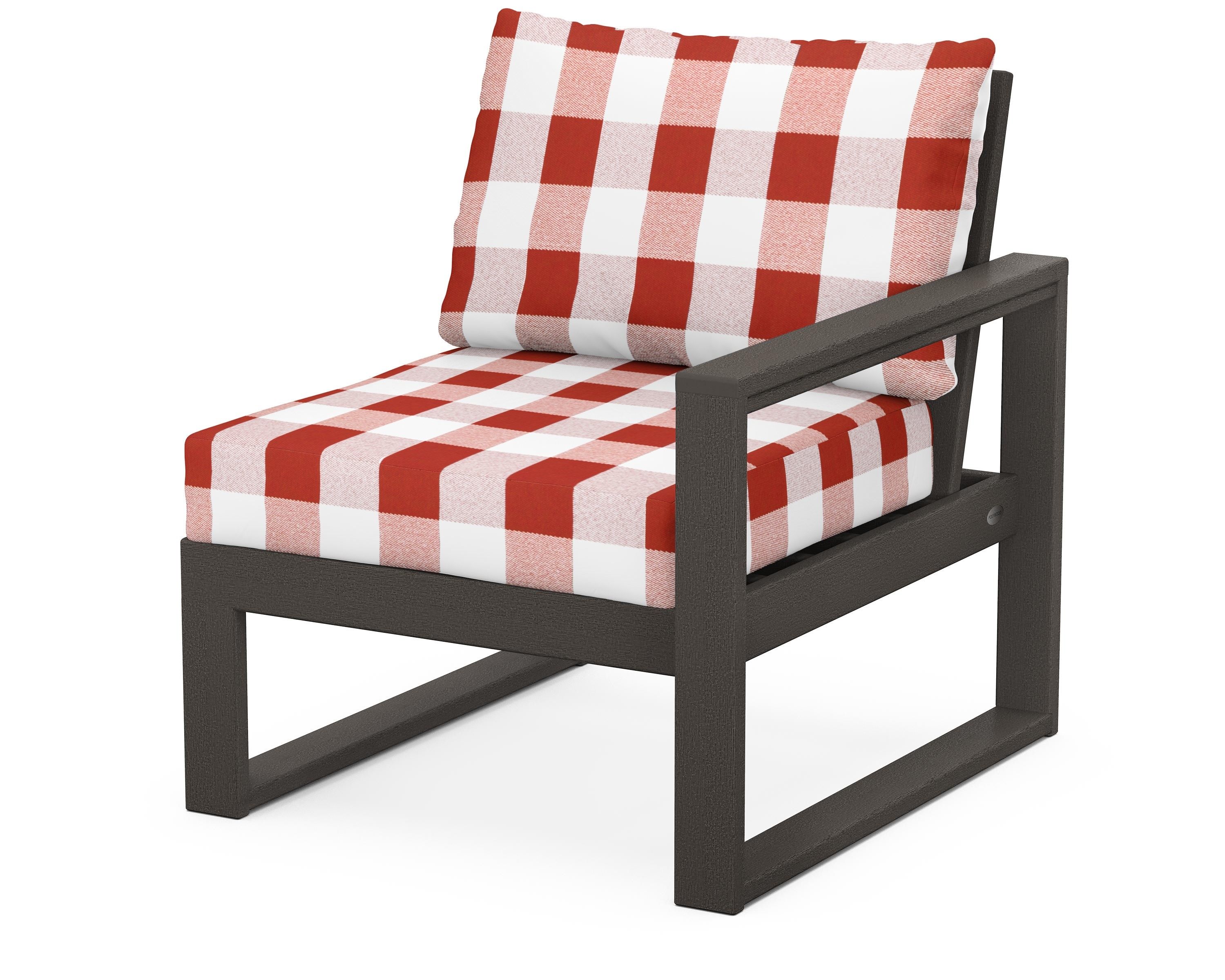 POLYWOOD® EDGE Modular Right Arm Chair in Vintage Coffee / Buffalo Plaid Crimson