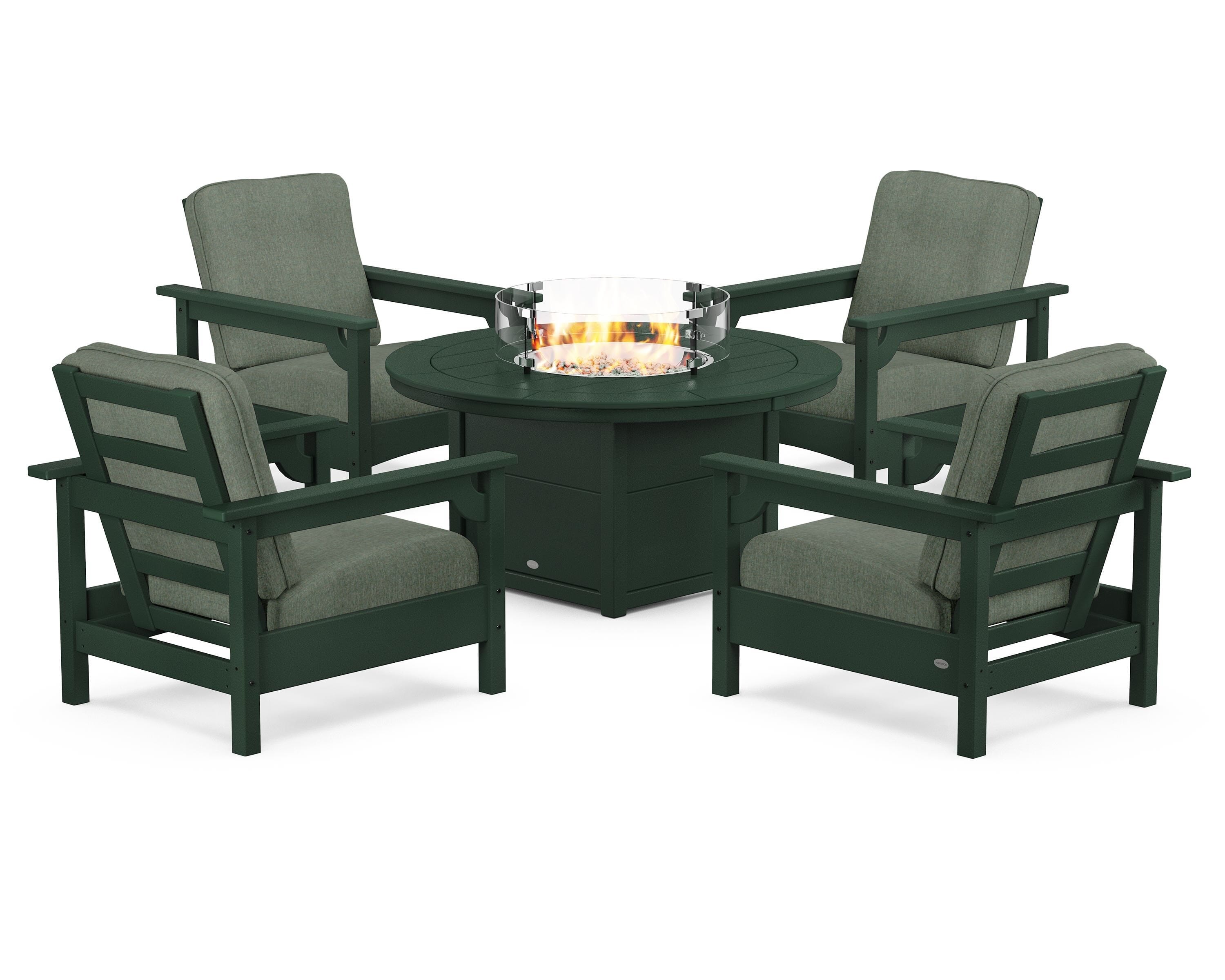 POLYWOOD® Club 5-Piece Conversation Set with Fire Pit Table in Green / Cast Sage