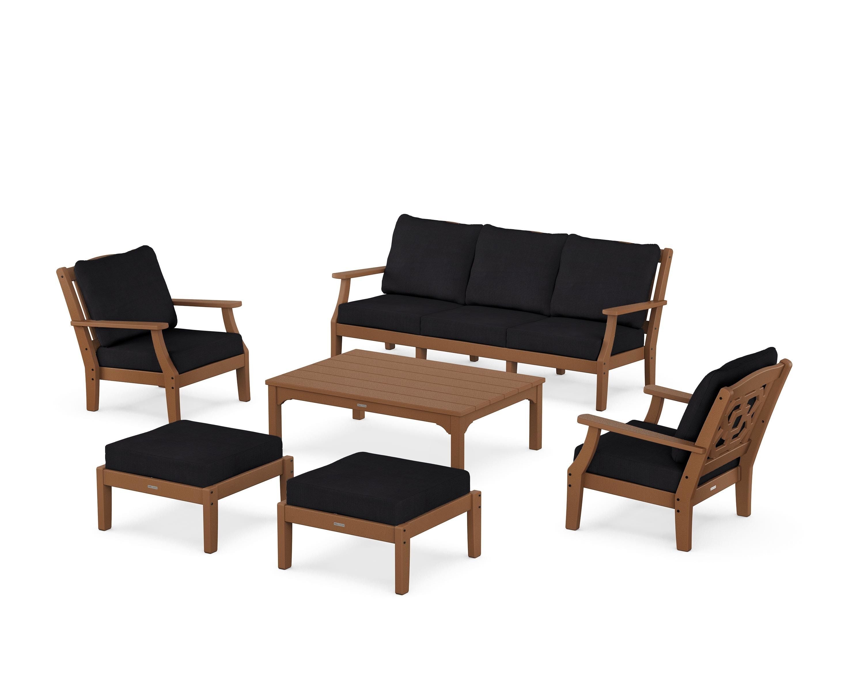 Martha Stewart by POLYWOOD® Chinoiserie 6-Piece Lounge Sofa Set in Teak / Midnight Linen