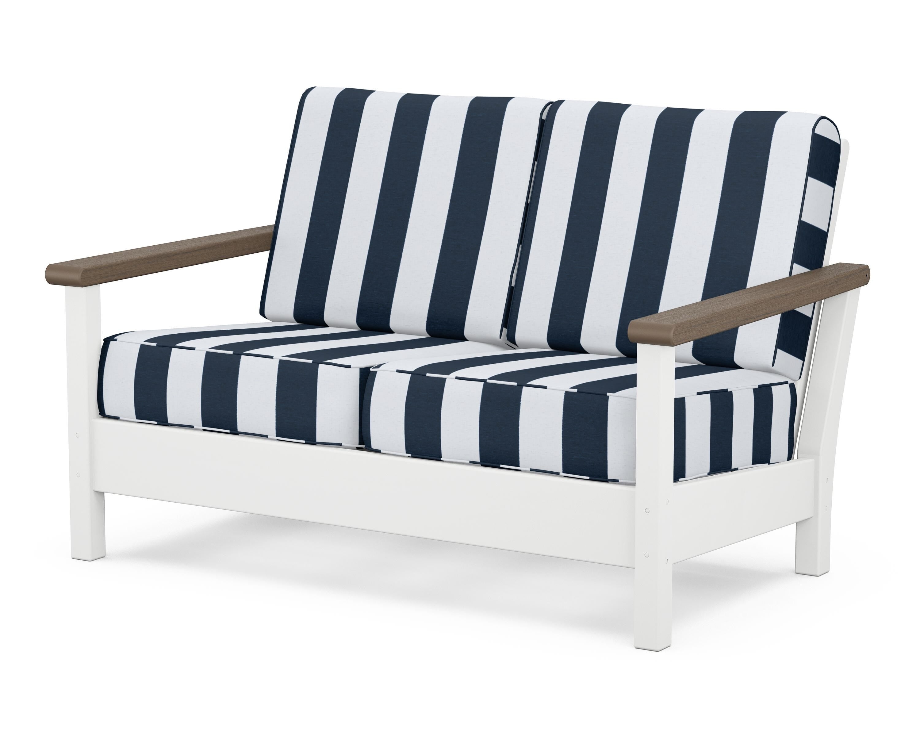 POLYWOOD® Harbour Deep Seating Loveseat in White / Kona / Cabana Stripe Marine Indigo