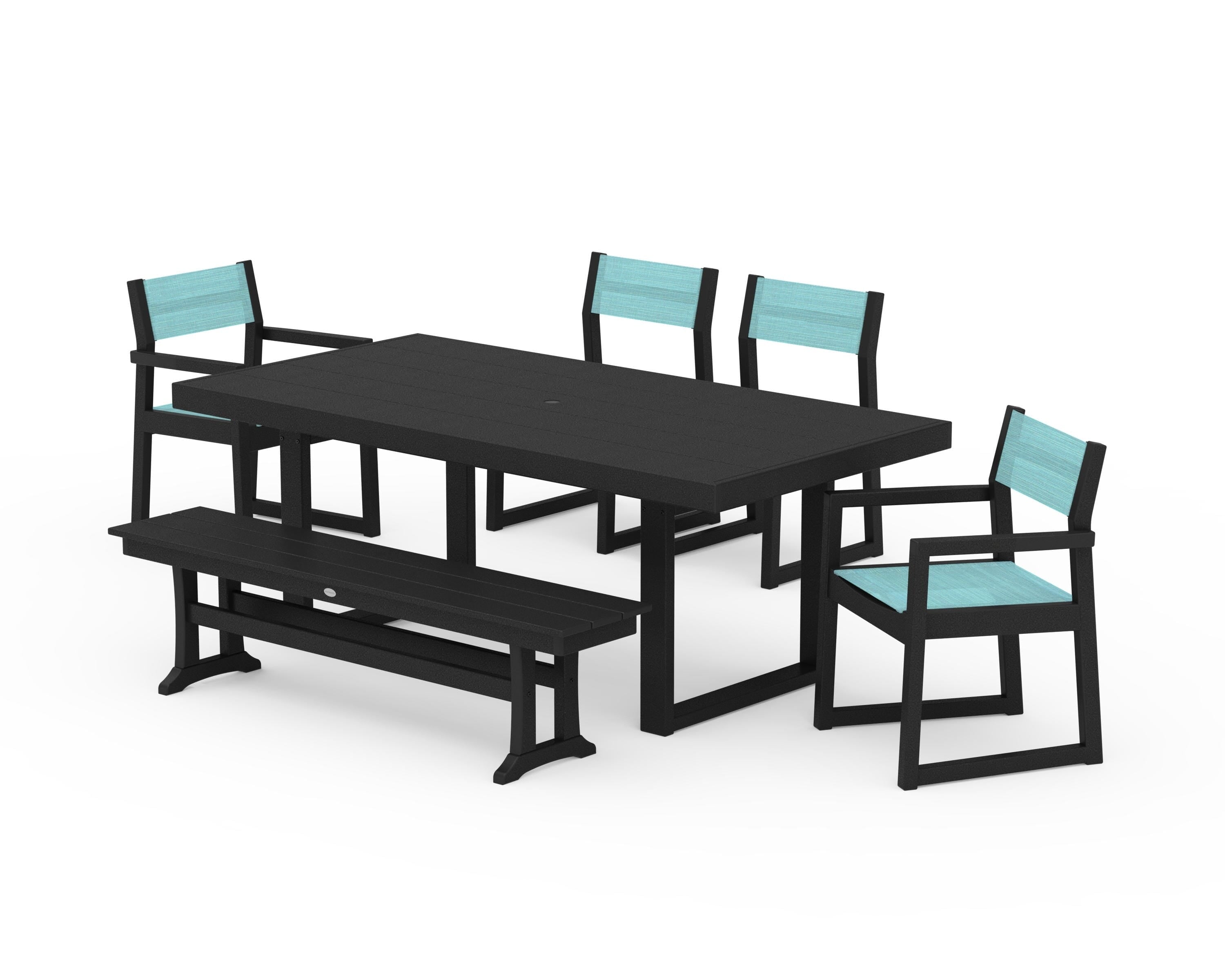 POLYWOOD® EDGE Sling 6-Piece Dining Set with Bench in Black / Dupioni Aquamarine Sling