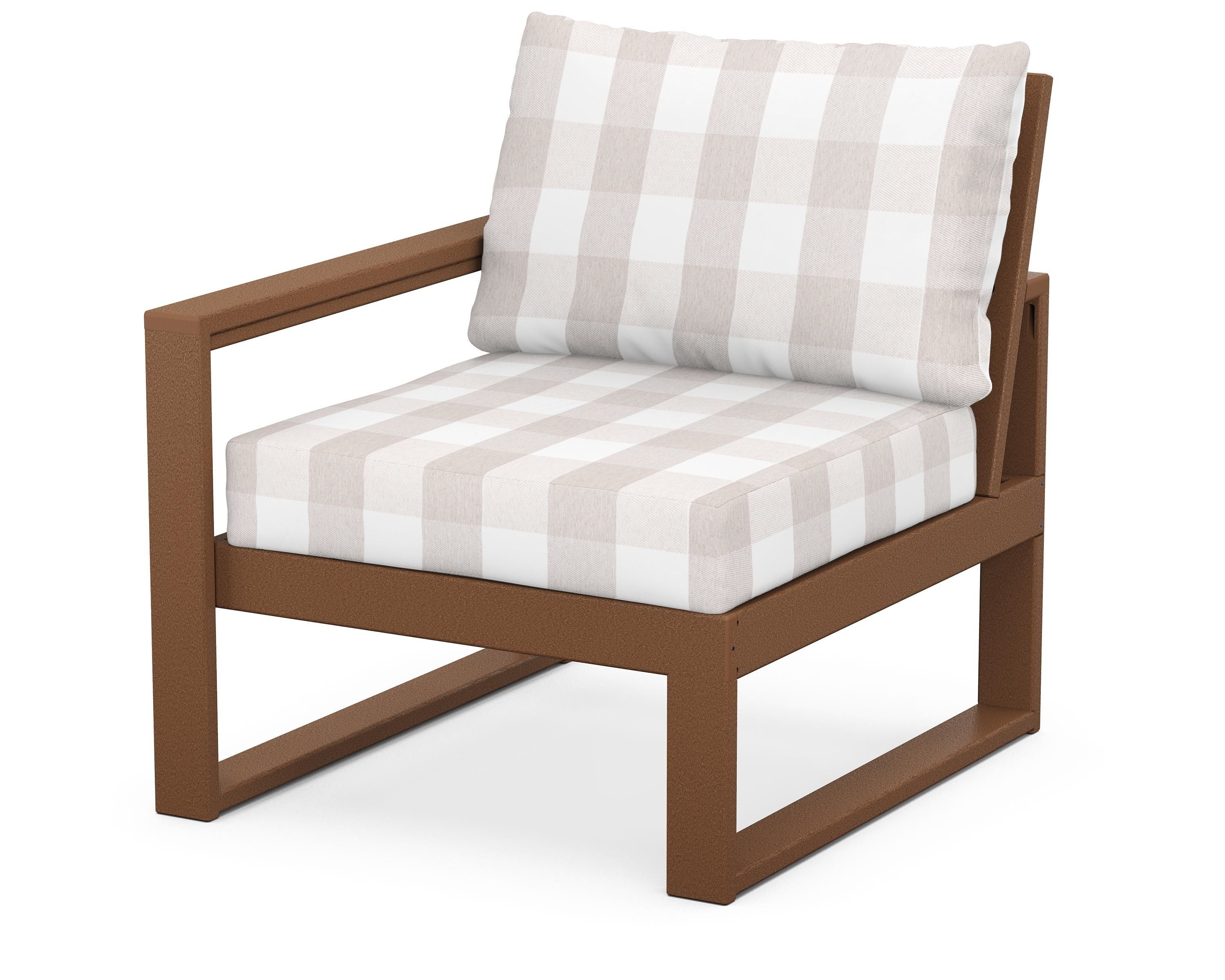 POLYWOOD® EDGE Modular Left Arm Chair in Teak / Buffalo Plaid Dune Burlap