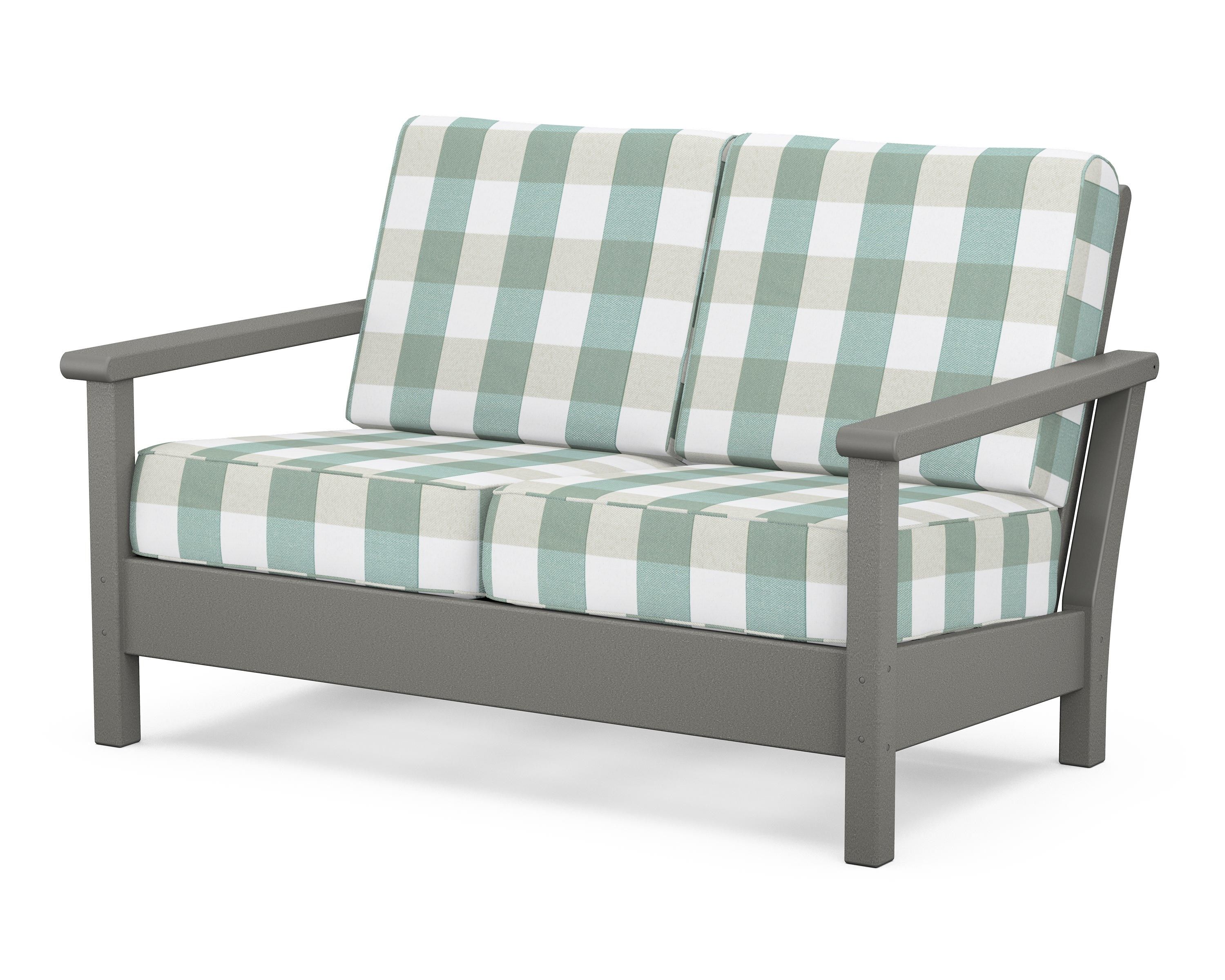 POLYWOOD® Harbour Deep Seating Loveseat in Slate Grey / Buffalo Plaid Glacier Spa