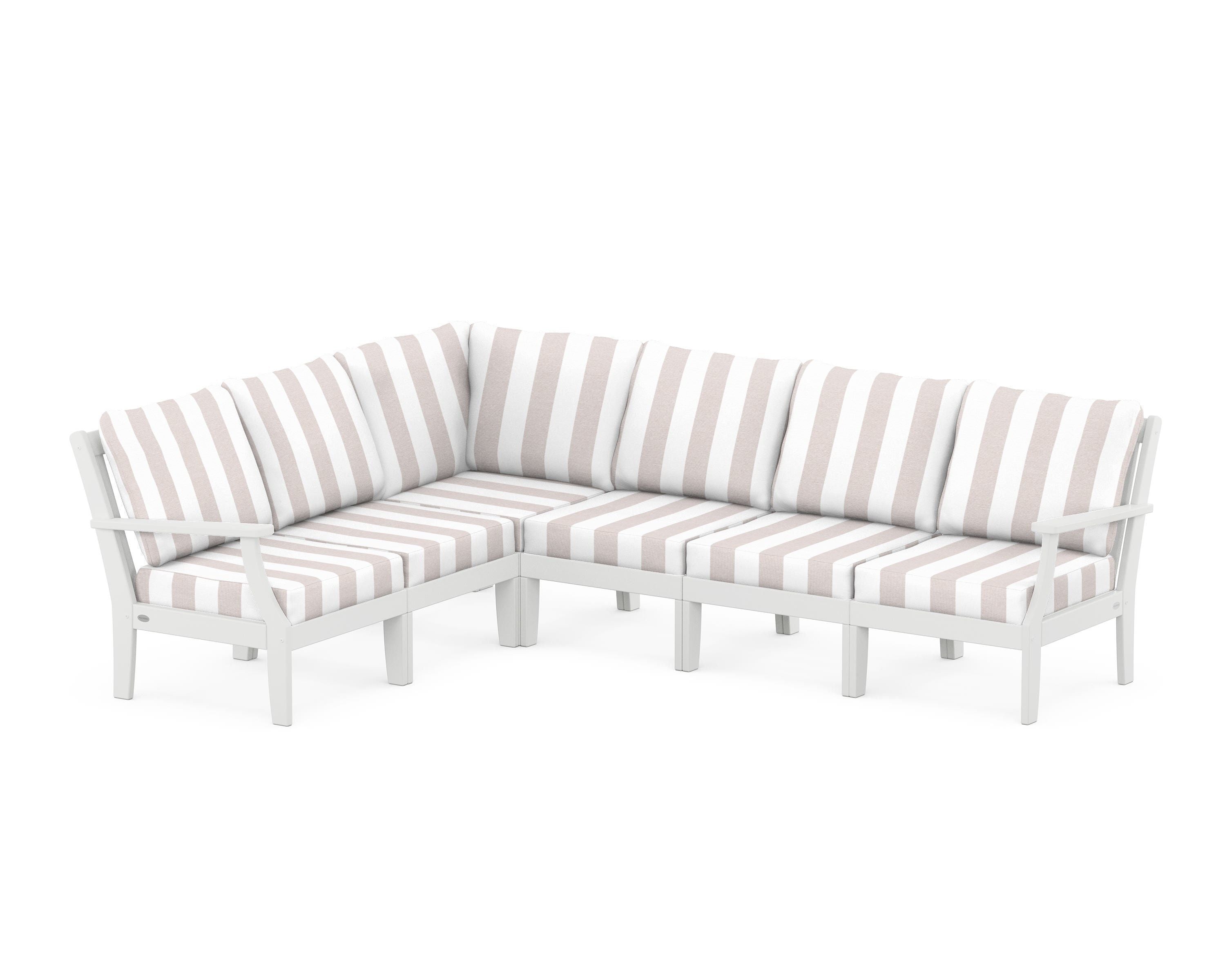 POLYWOOD® Braxton Modular 6-Piece Deep Seating Set in White / Cabana Stripe Dune Burlap