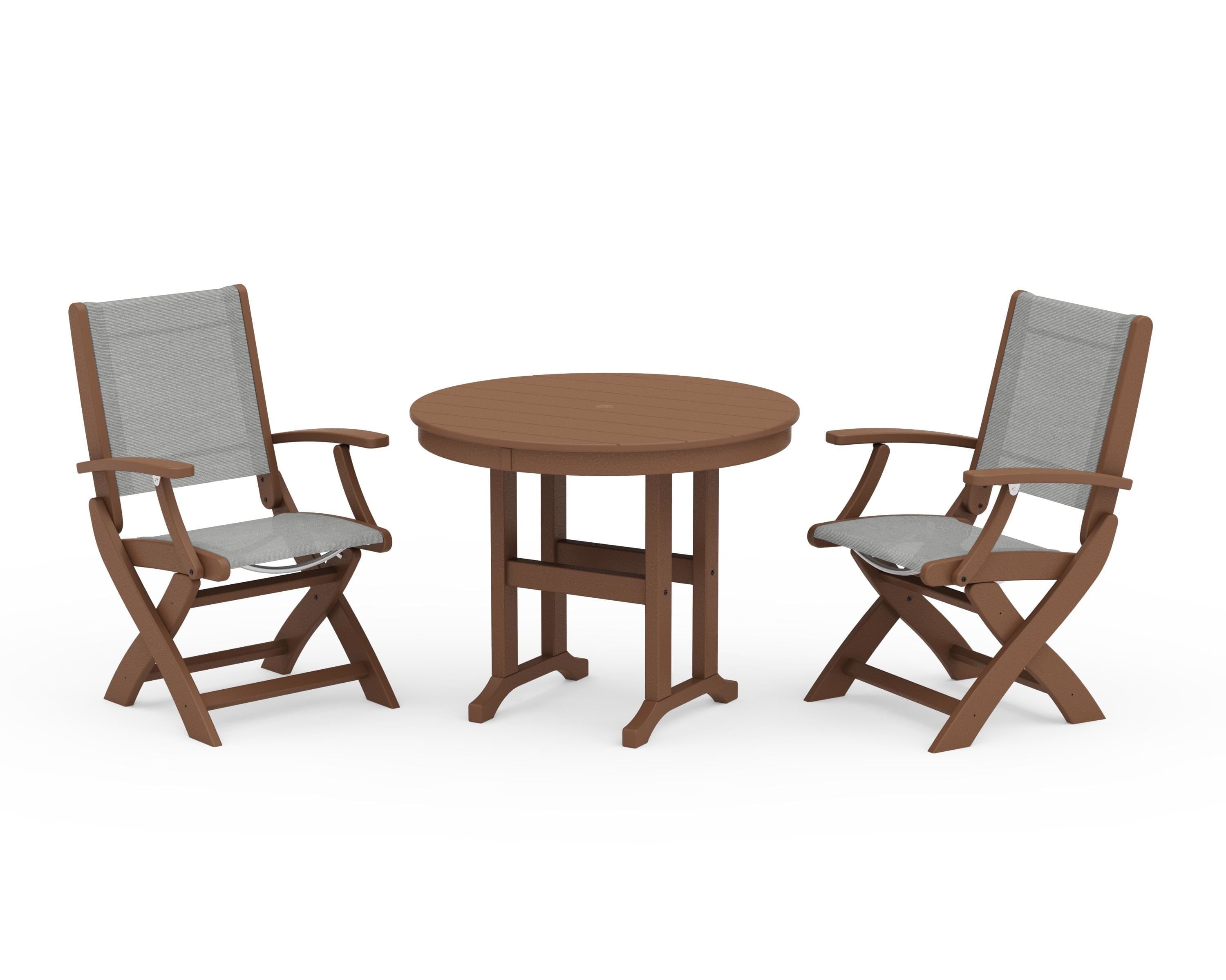 POLYWOOD® Coastal Folding Chair 3-Piece Round Dining Set in Teak / Metallic Sling