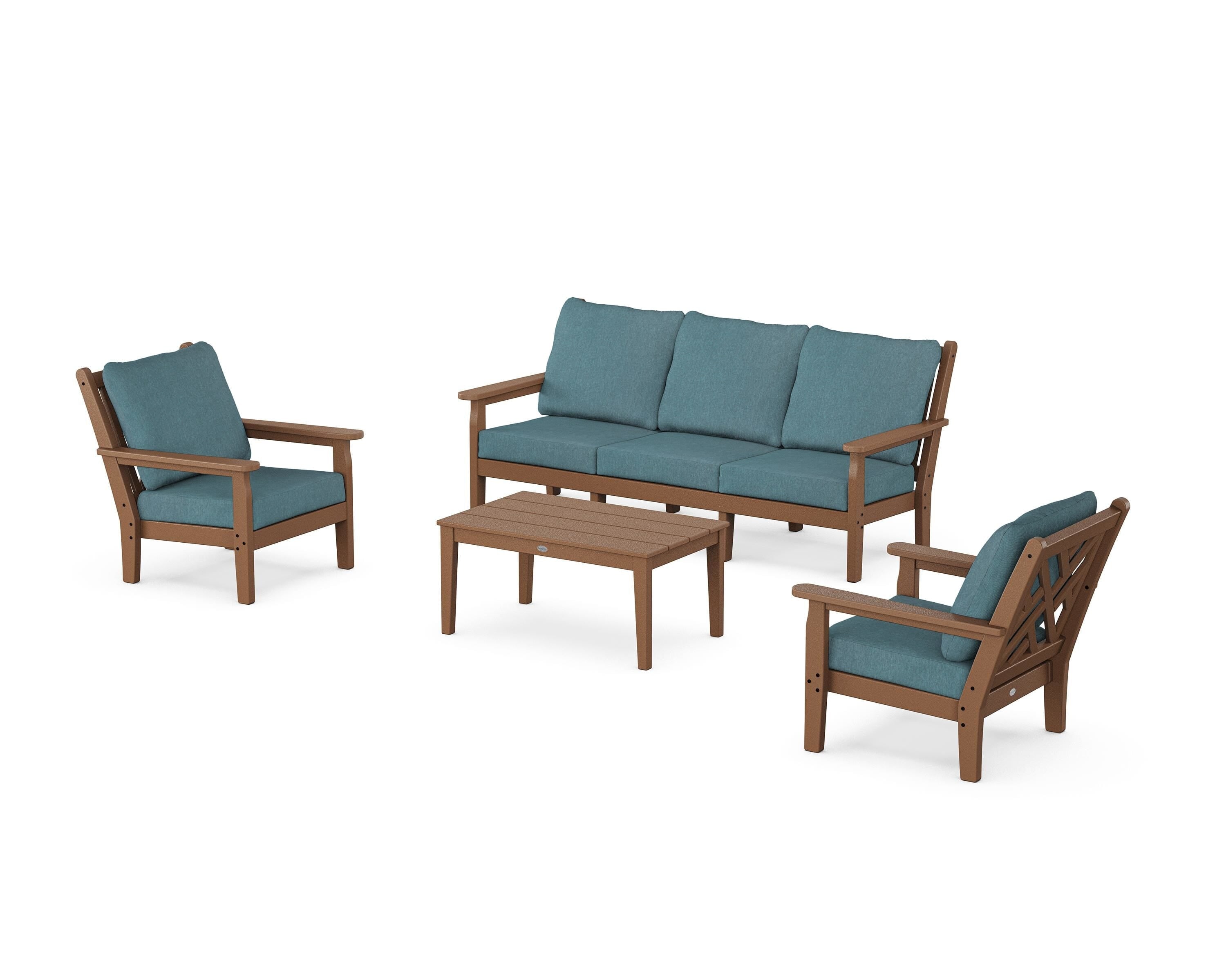 POLYWOOD® Chippendale 4-Piece Deep Seating Set with Sofa in Teak / Ocean Teal