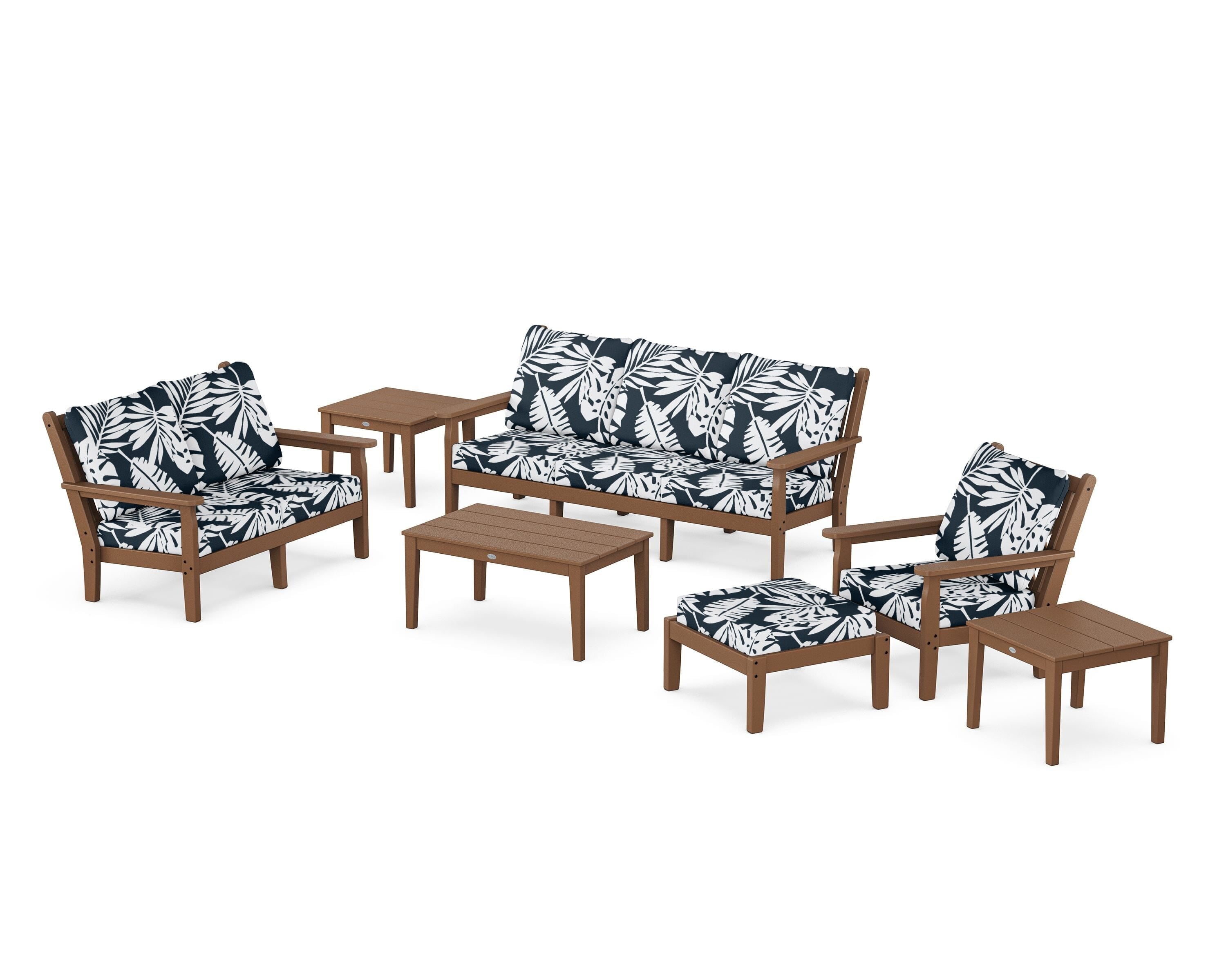 POLYWOOD® Chippendale 7-Piece Deep Seating Set in Teak / Leaf Marine Indigo