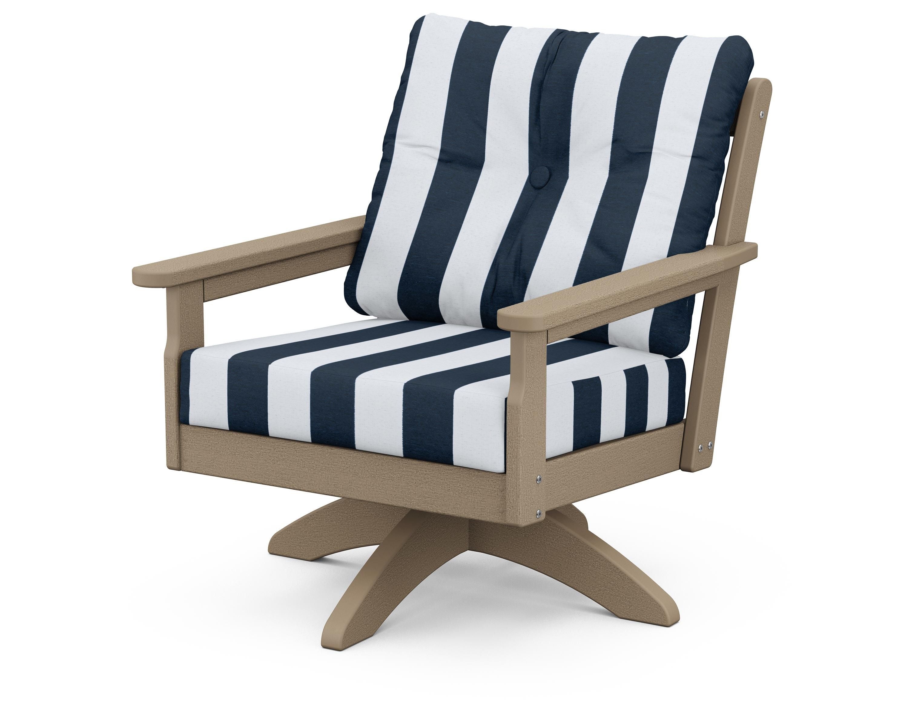 POLYWOOD® Vineyard Deep Seating Swivel Chair in Vintage Sahara / Cabana Stripe Marine Indigo