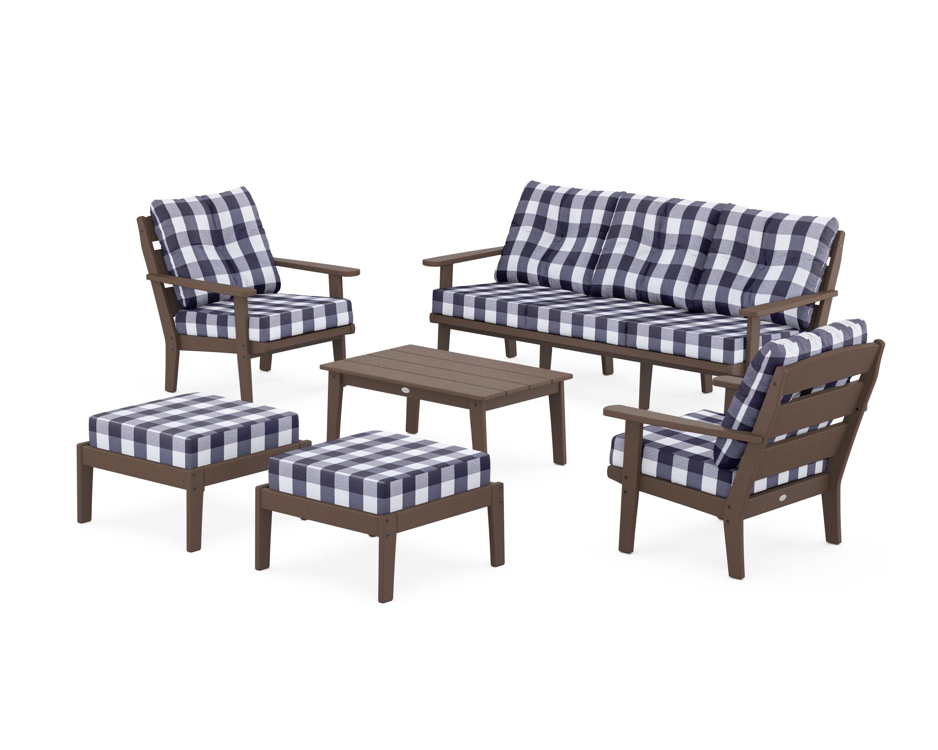 POLYWOOD® Lakeside 6-Piece Lounge Sofa Set in Mahogany / Buffalo Plaid Navy