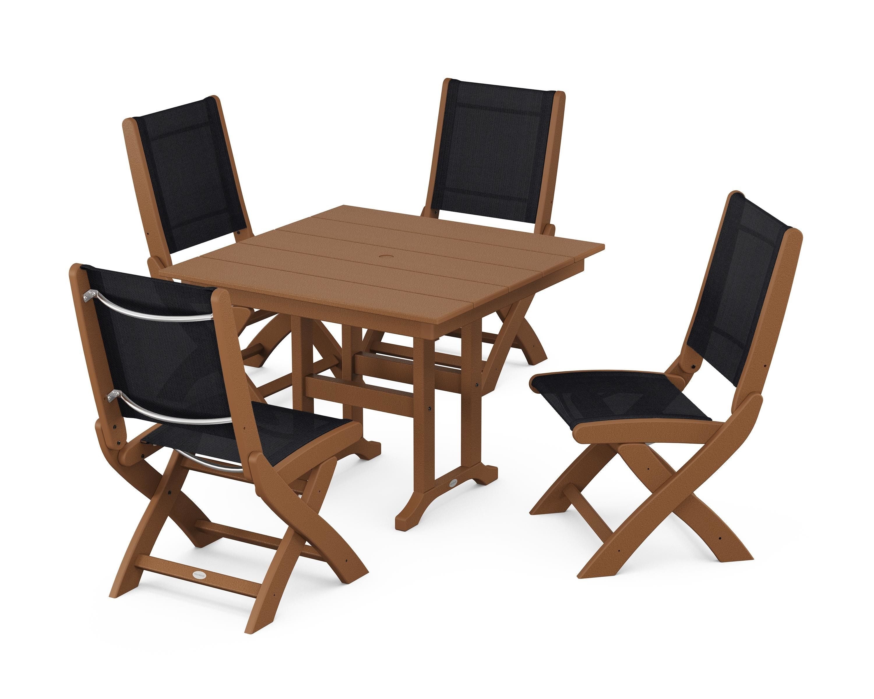 POLYWOOD® Coastal Folding Side Chair 5-Piece Farmhouse Dining Set in Teak / Black Sling