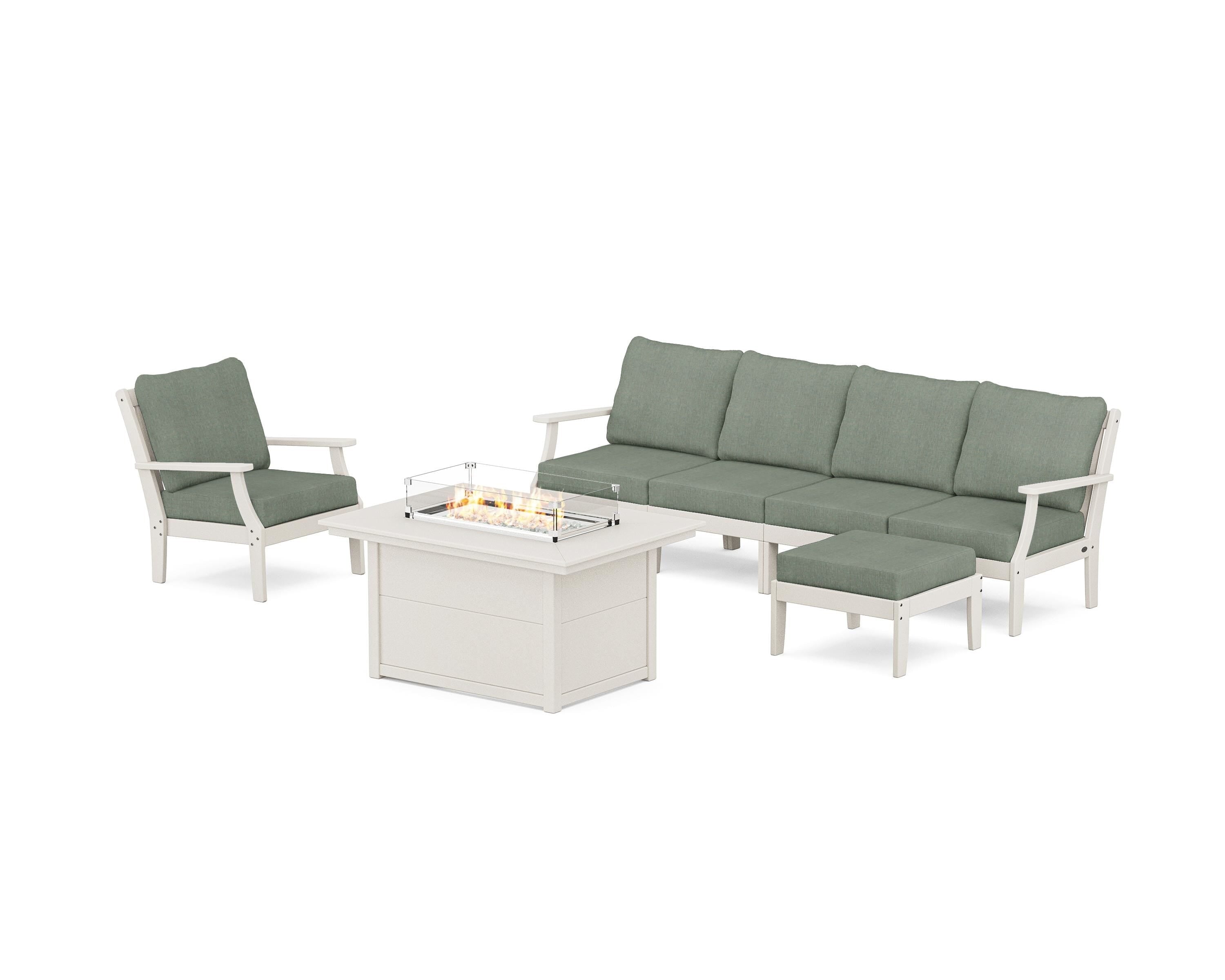 POLYWOOD® Braxton Sectional Lounge and Fire Pit Set in Sand / Cast Sage