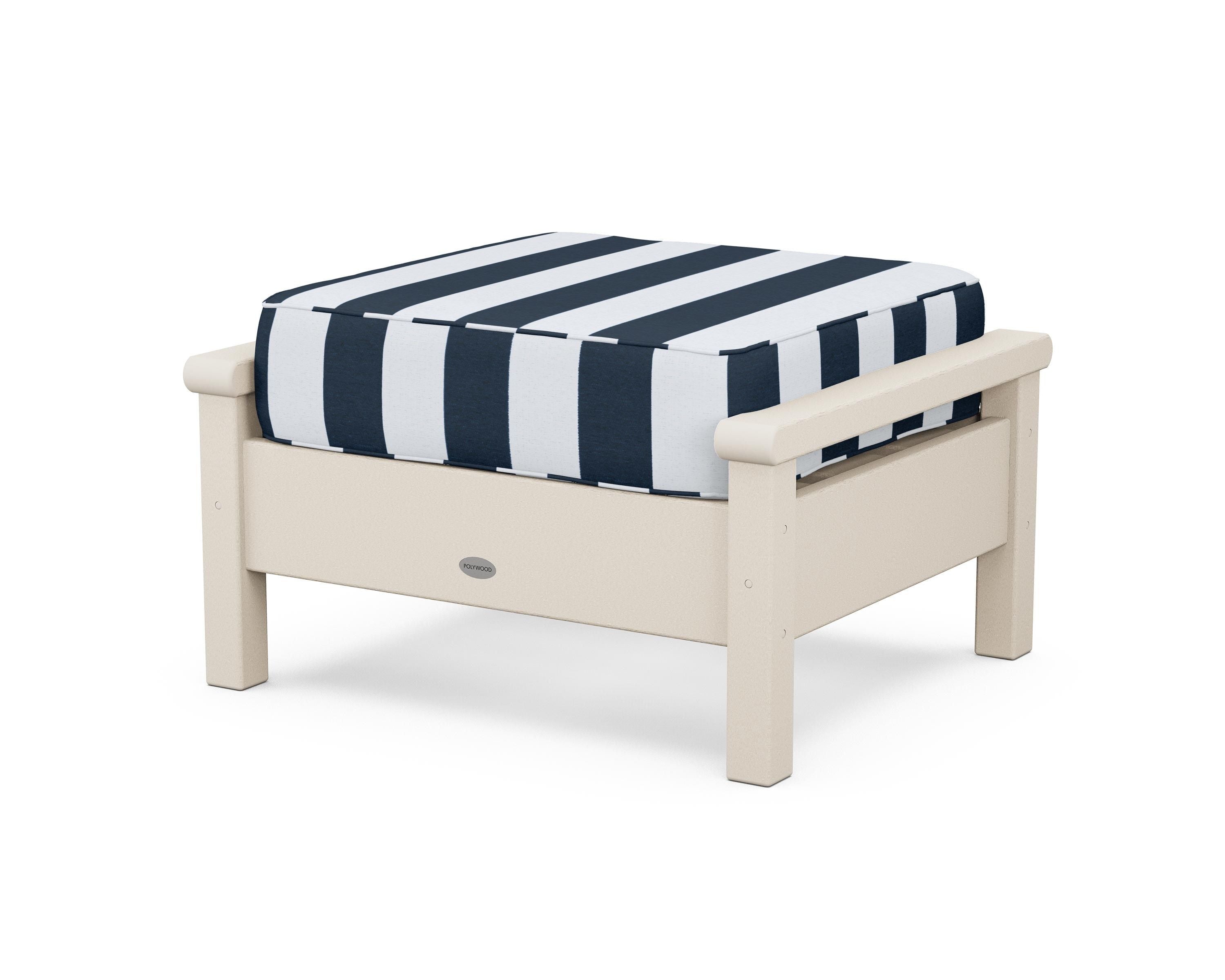 POLYWOOD® Harbour Deep Seating Ottoman in Sand / Cabana Stripe Marine Indigo