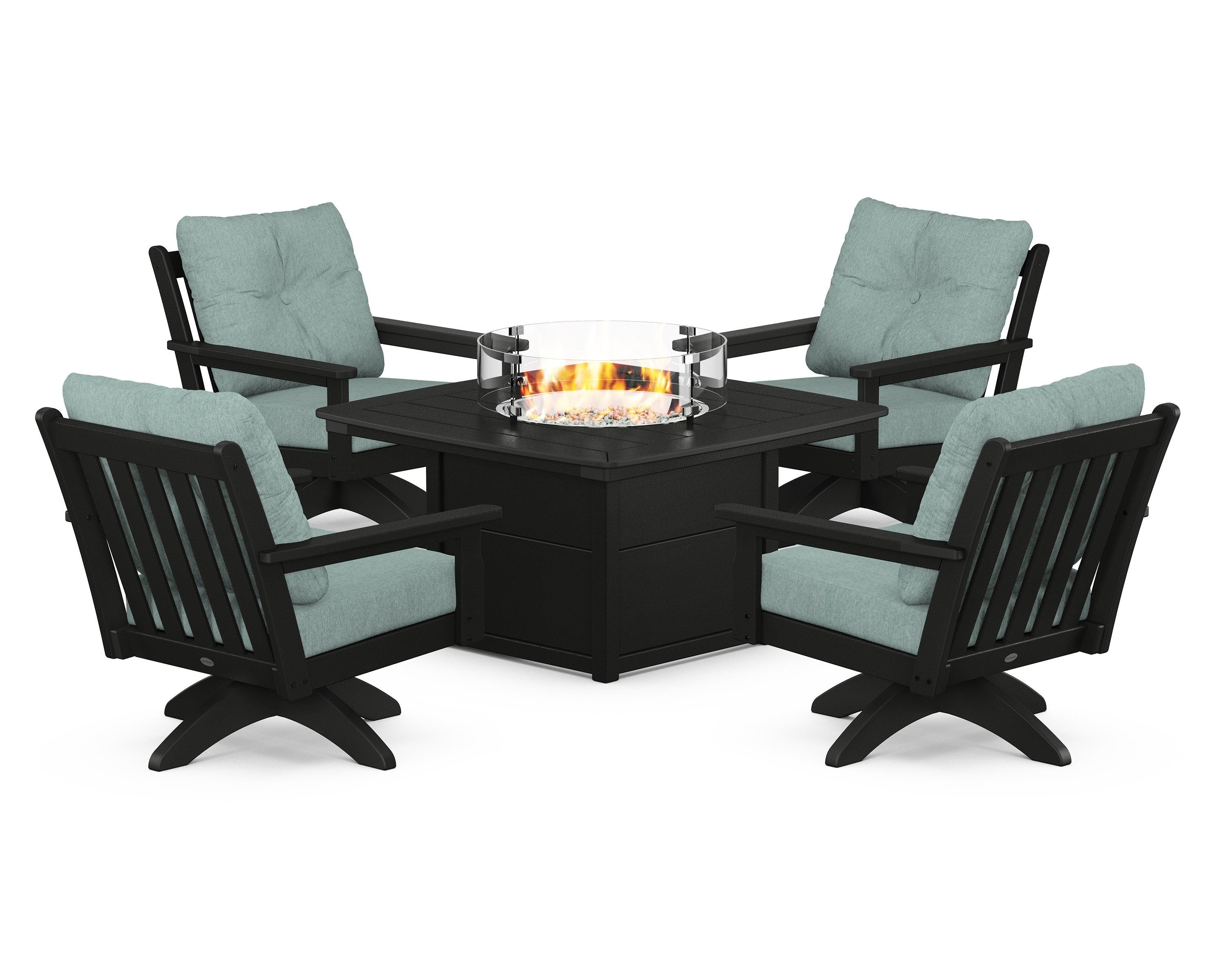 POLYWOOD® Vineyard 5-Piece Deep Seating Swivel Conversation Set with Fire Pit Table in Black / Glacier Spa