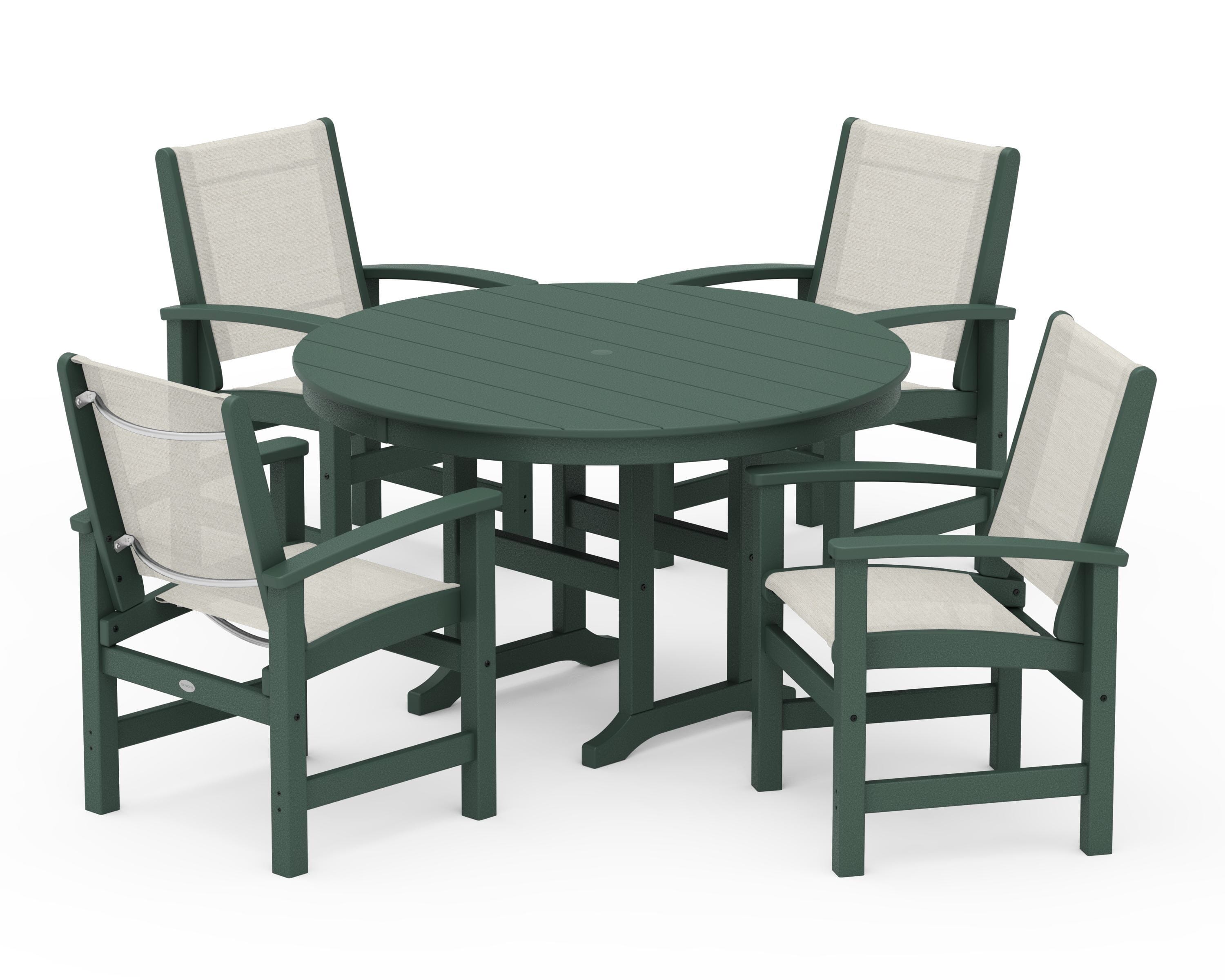 POLYWOOD® Coastal 5-Piece Round Farmhouse Dining Set in Green / Parchment Sling