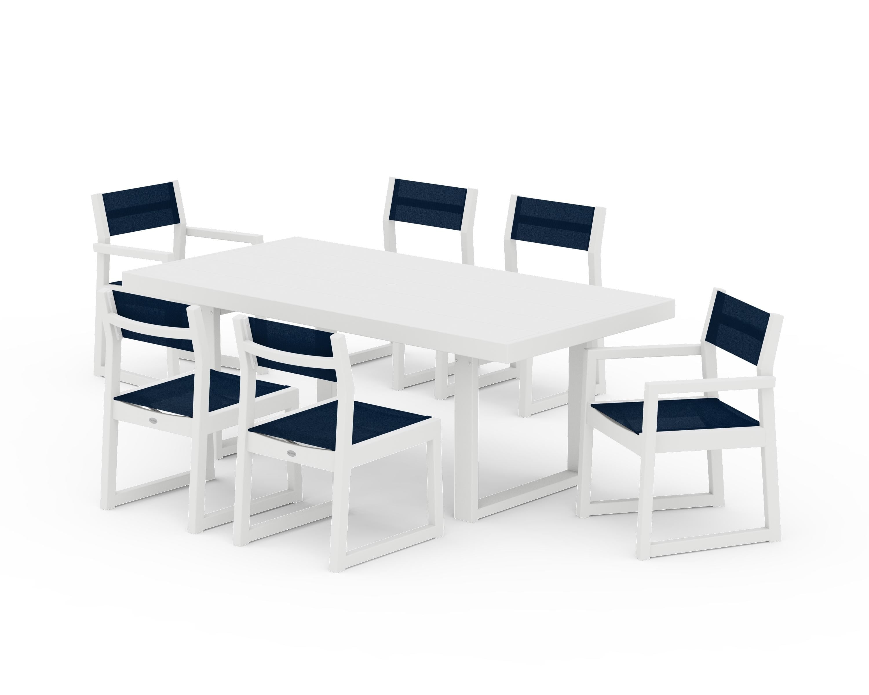 POLYWOOD® EDGE Sling 7-Piece Dining Set in White / Navy Blue Sling
