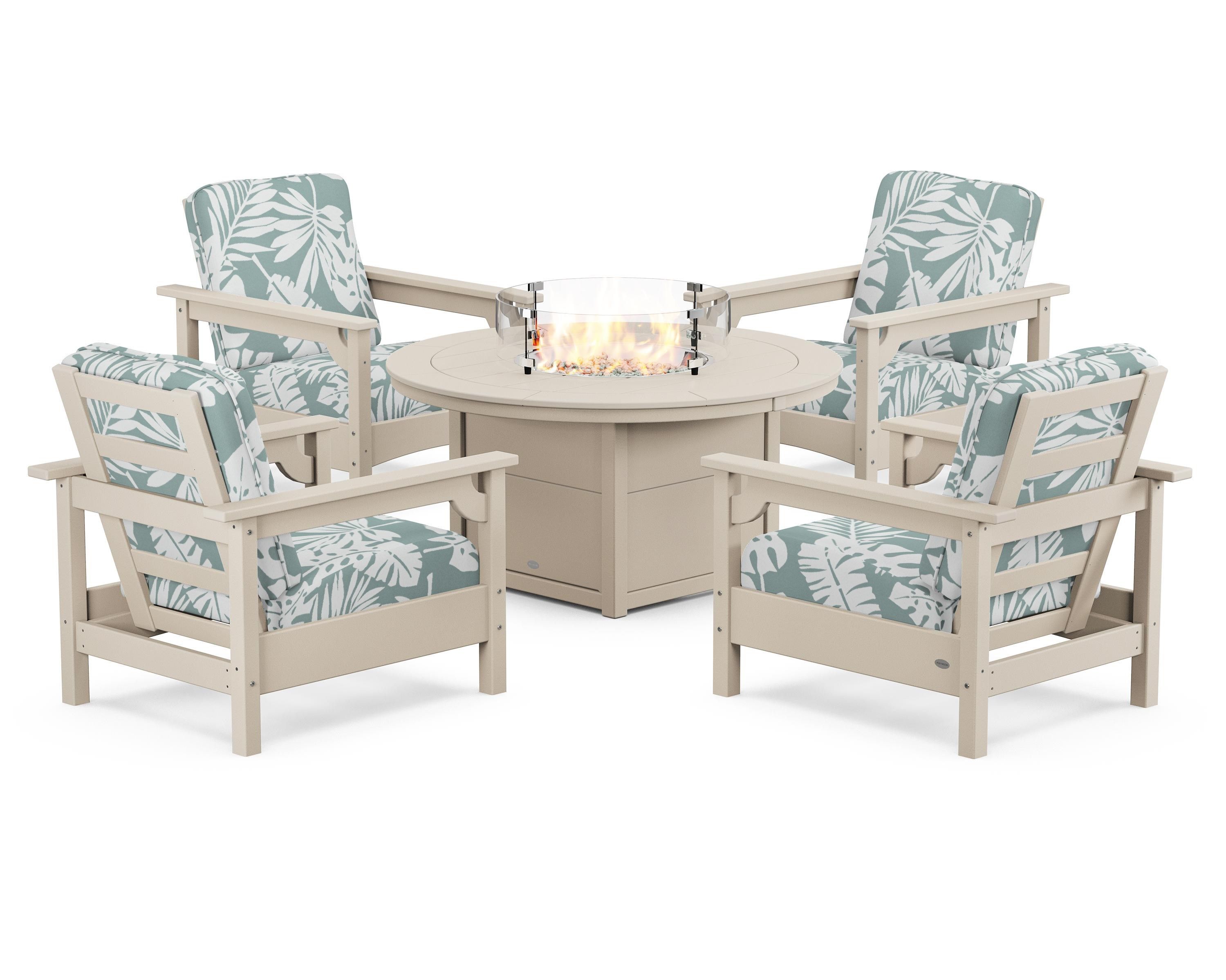 POLYWOOD® Club 5-Piece Conversation Set with Fire Pit Table in Sand / Leaf Glacier Spa