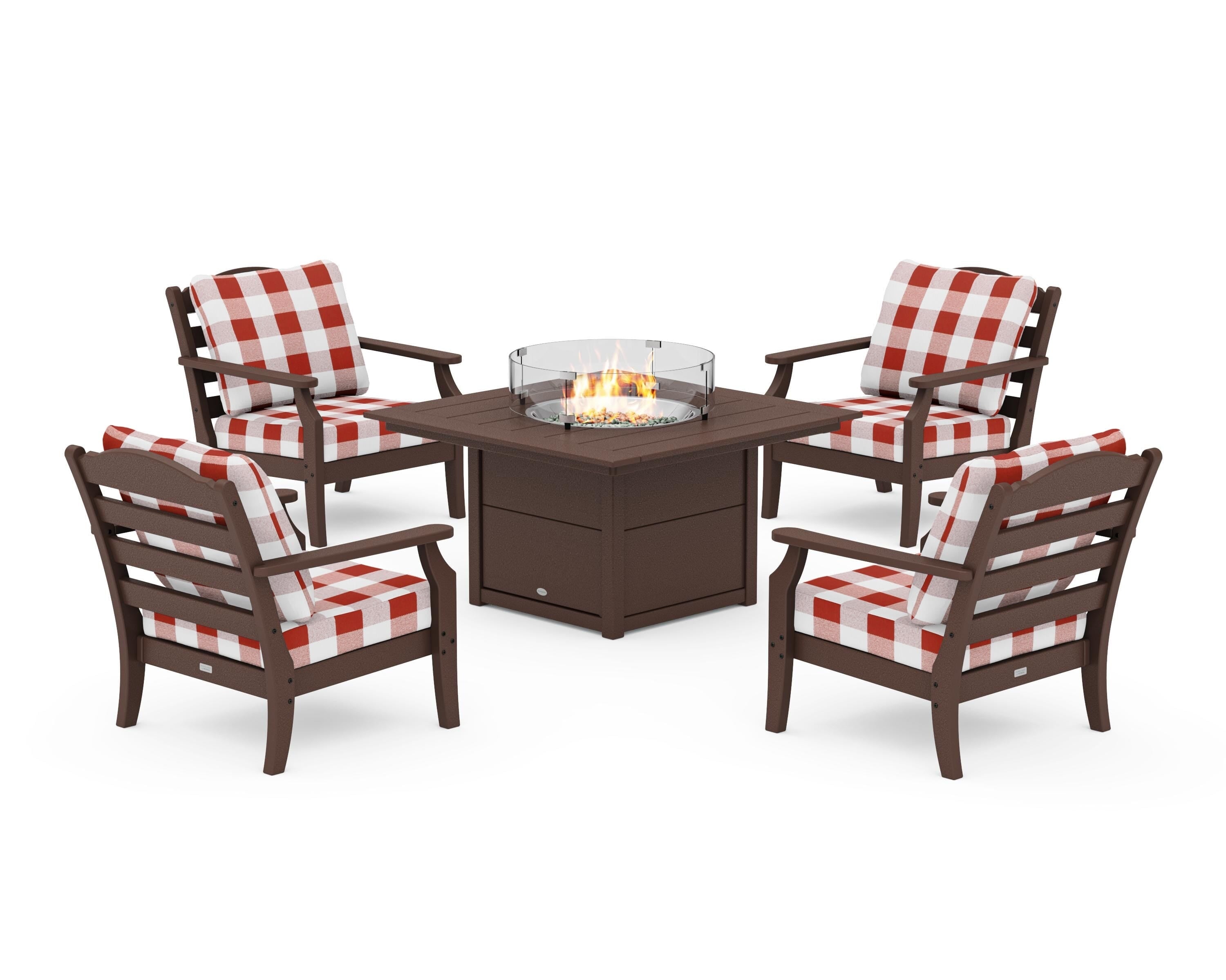 Draper James™ by POLYWOOD® Savannah 5-Piece Deep Seating Set with Fire Pit Table in Mahogany / Buffalo Plaid Crimson