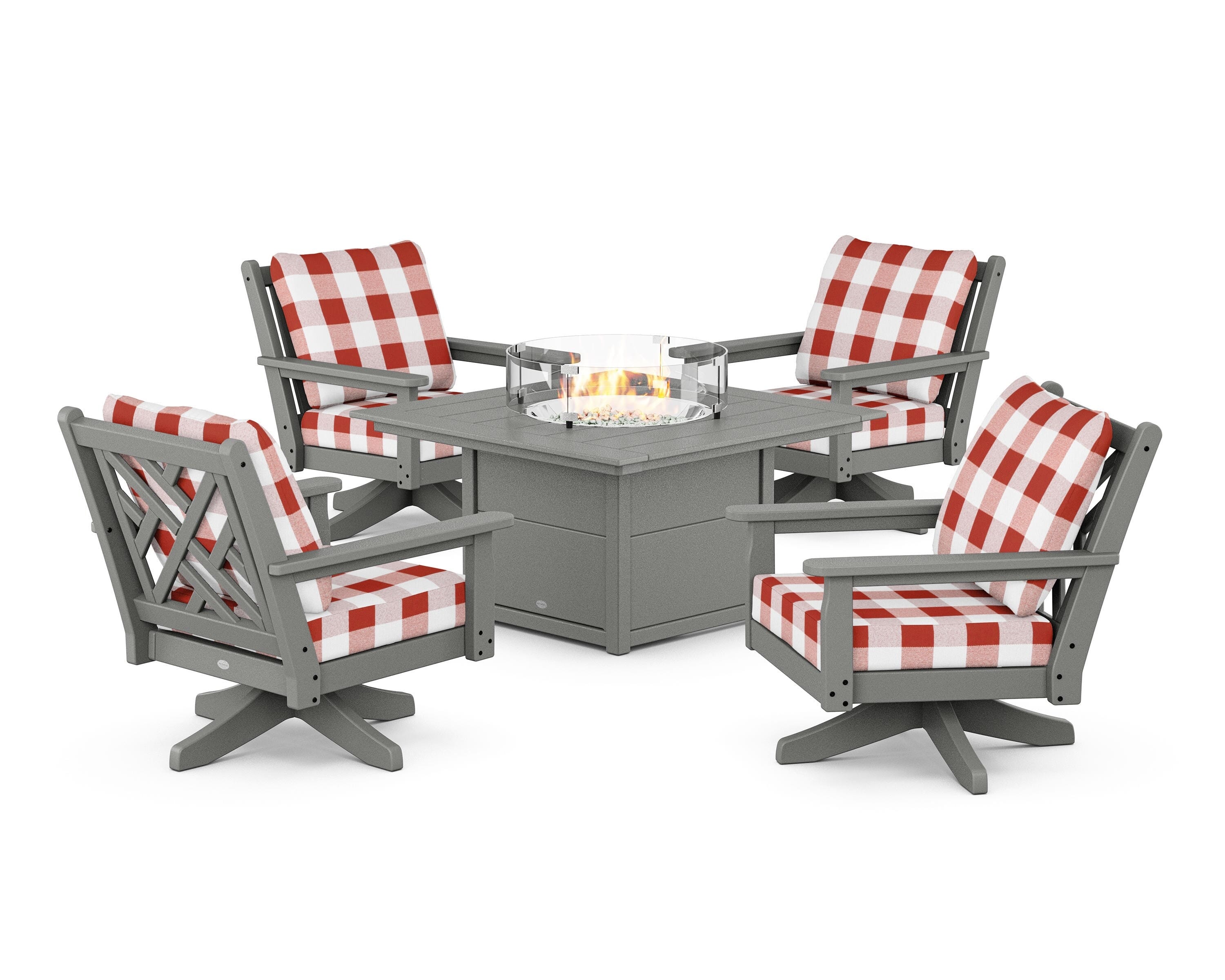 POLYWOOD® Chippendale 5-Piece Deep Seating Swivel Conversation Set with Fire Pit Table in Slate Grey / Buffalo Plaid Crimson