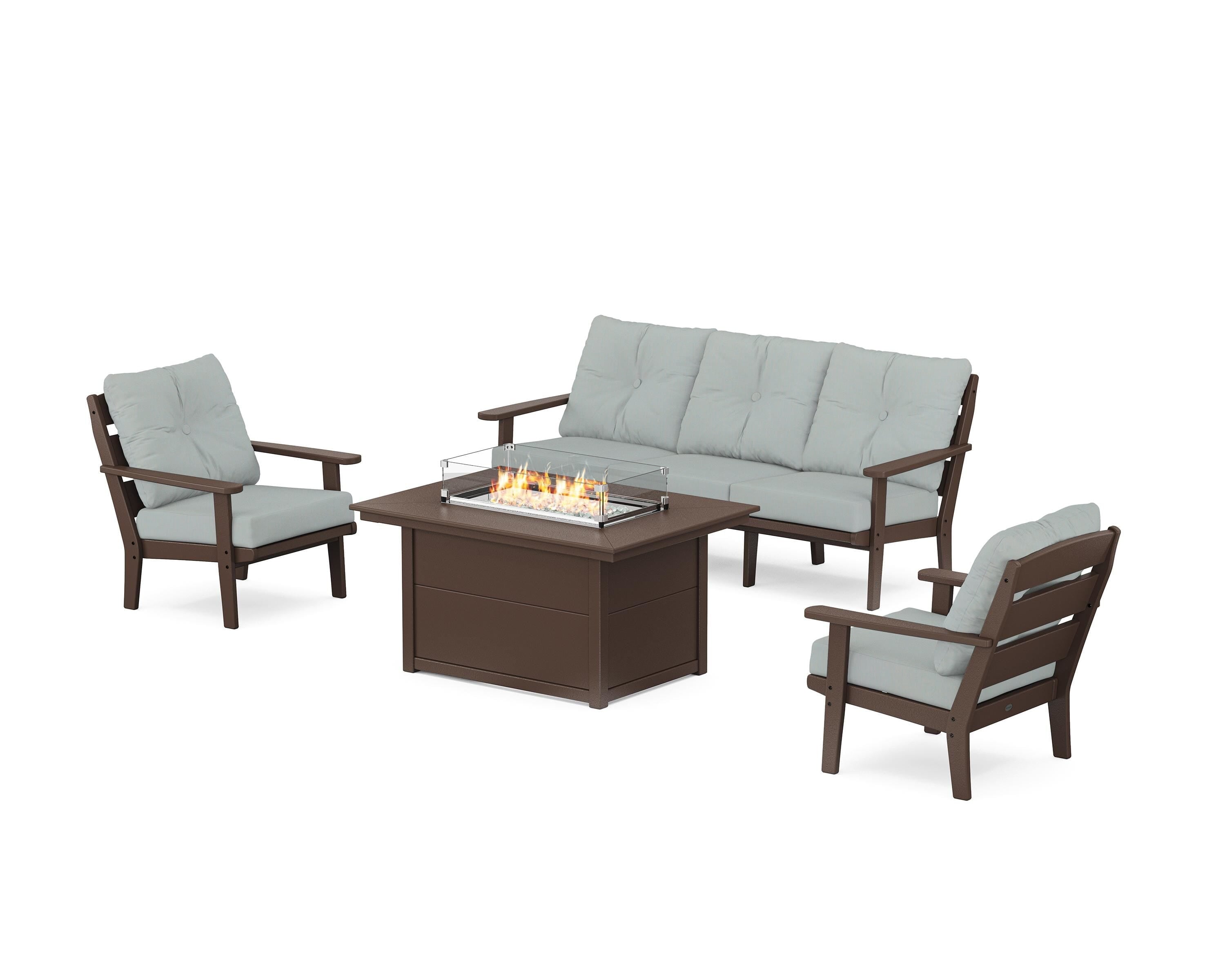 POLYWOOD® Lakeside Deep Seating Fire Pit Table Set in Mahogany / Spa