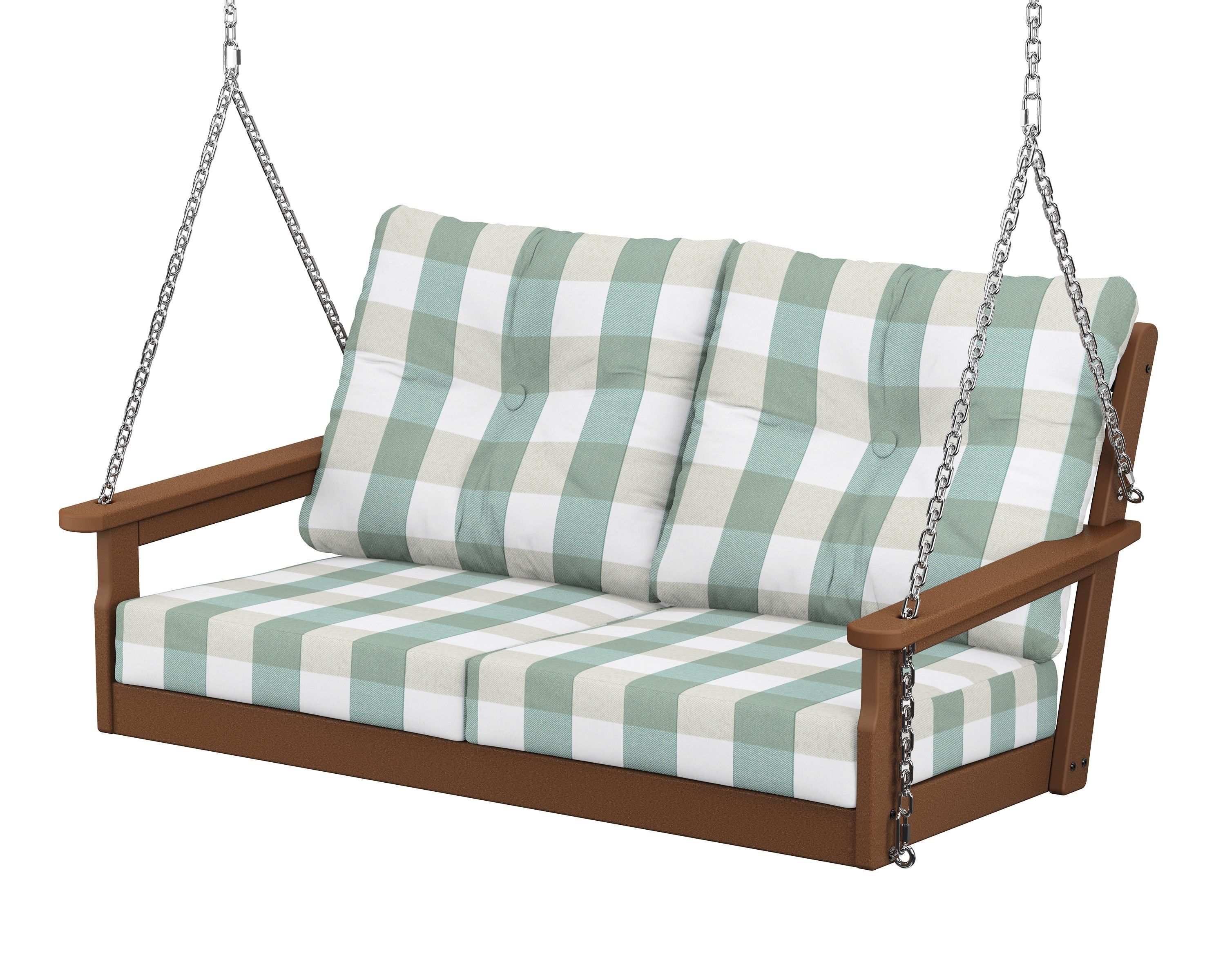 POLYWOOD® Vineyard Deep Seating Swing in Teak / Buffalo Plaid Glacier Spa