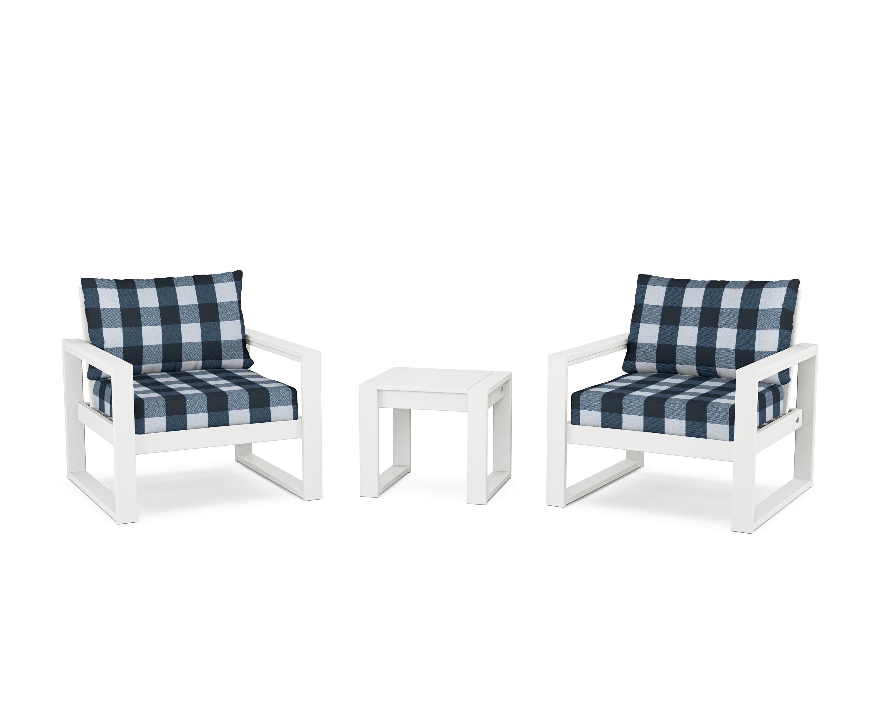 POLYWOOD® EDGE Sectional 3-Piece Deep Seating Set in White / Buffalo Plaid Marine Indigo