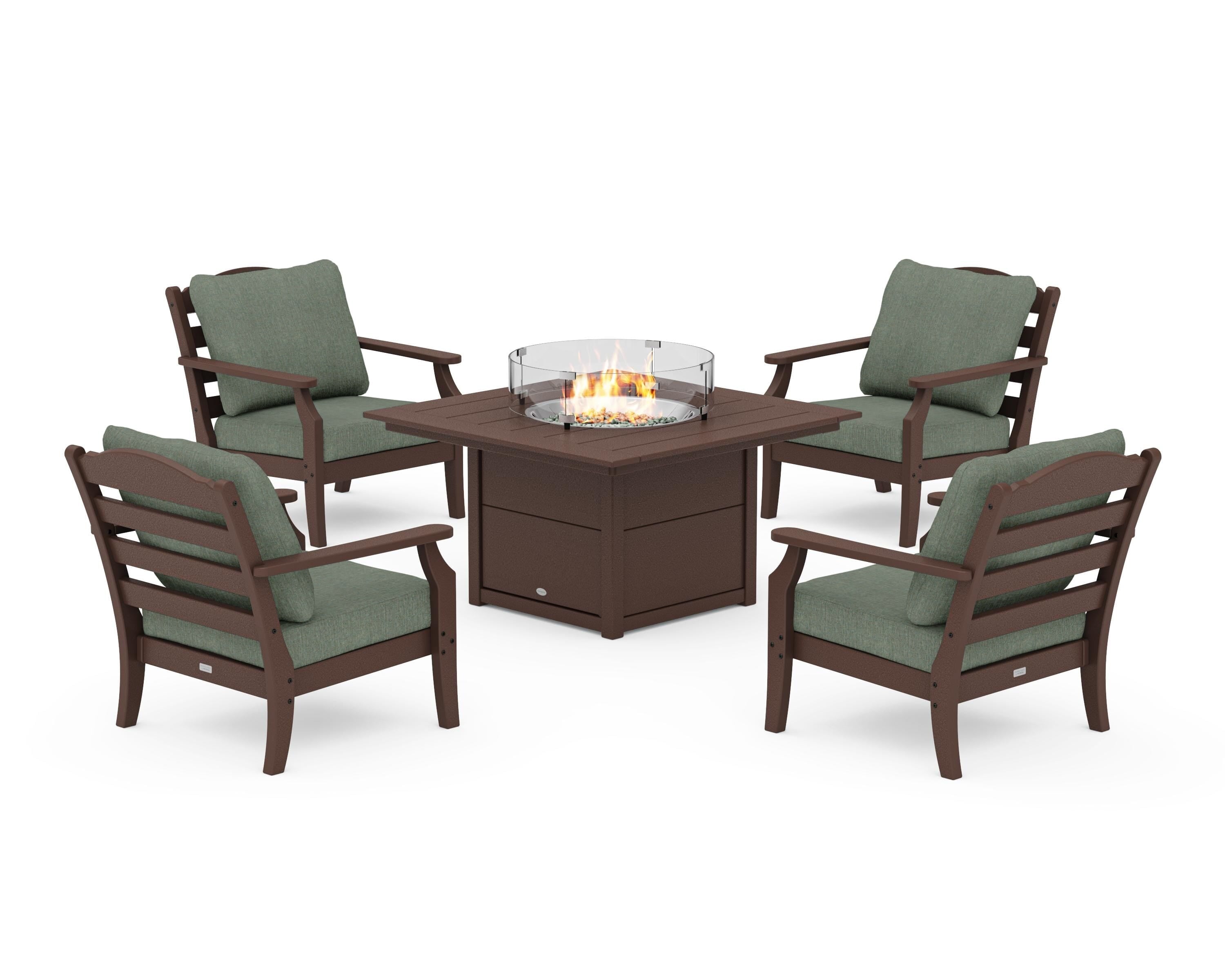 Draper James™ by POLYWOOD® Savannah 5-Piece Deep Seating Set with Fire Pit Table in Mahogany / Cast Sage