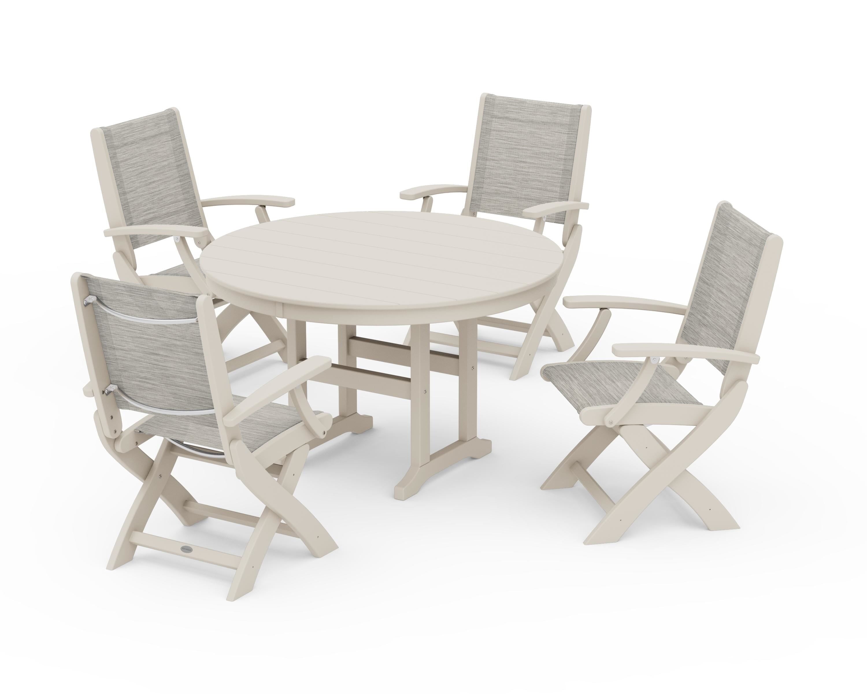 POLYWOOD® Coastal Folding Chair 5-Piece Round Dining Set in Sand / Birch Sling