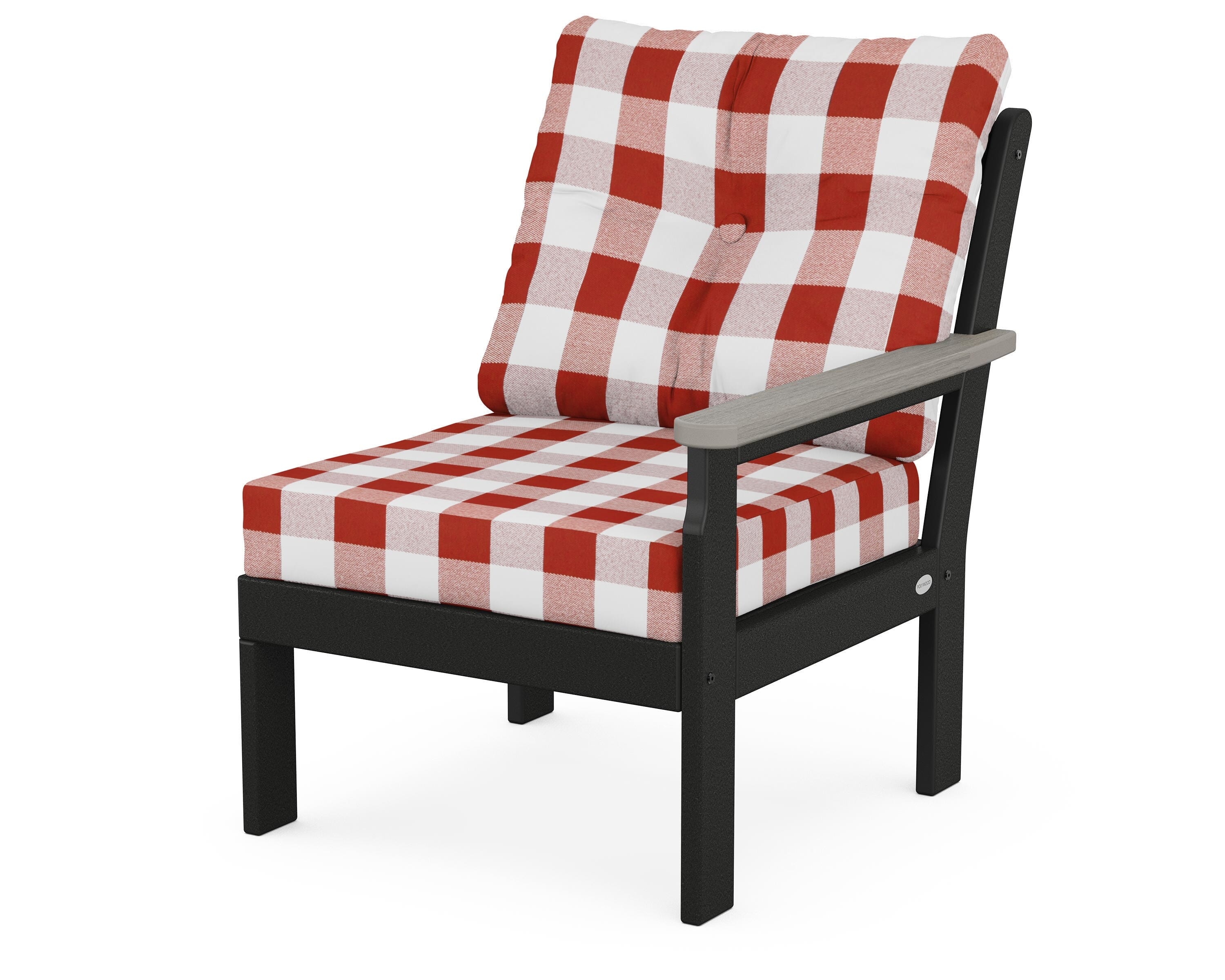 POLYWOOD® Vineyard Modular Right Arm Chair in Black / Driftwood / Buffalo Plaid Crimson