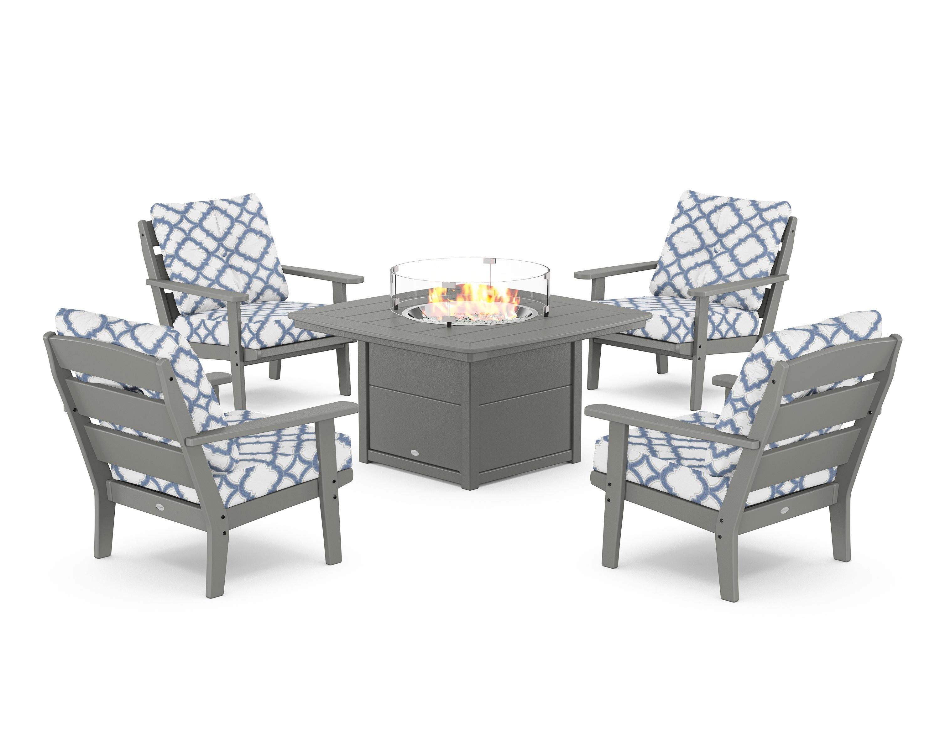 POLYWOOD® Lakeside 5-Piece Deep Seating Set with Nautical Fire Pit Table in Slate Grey / Trellis Sky Blue