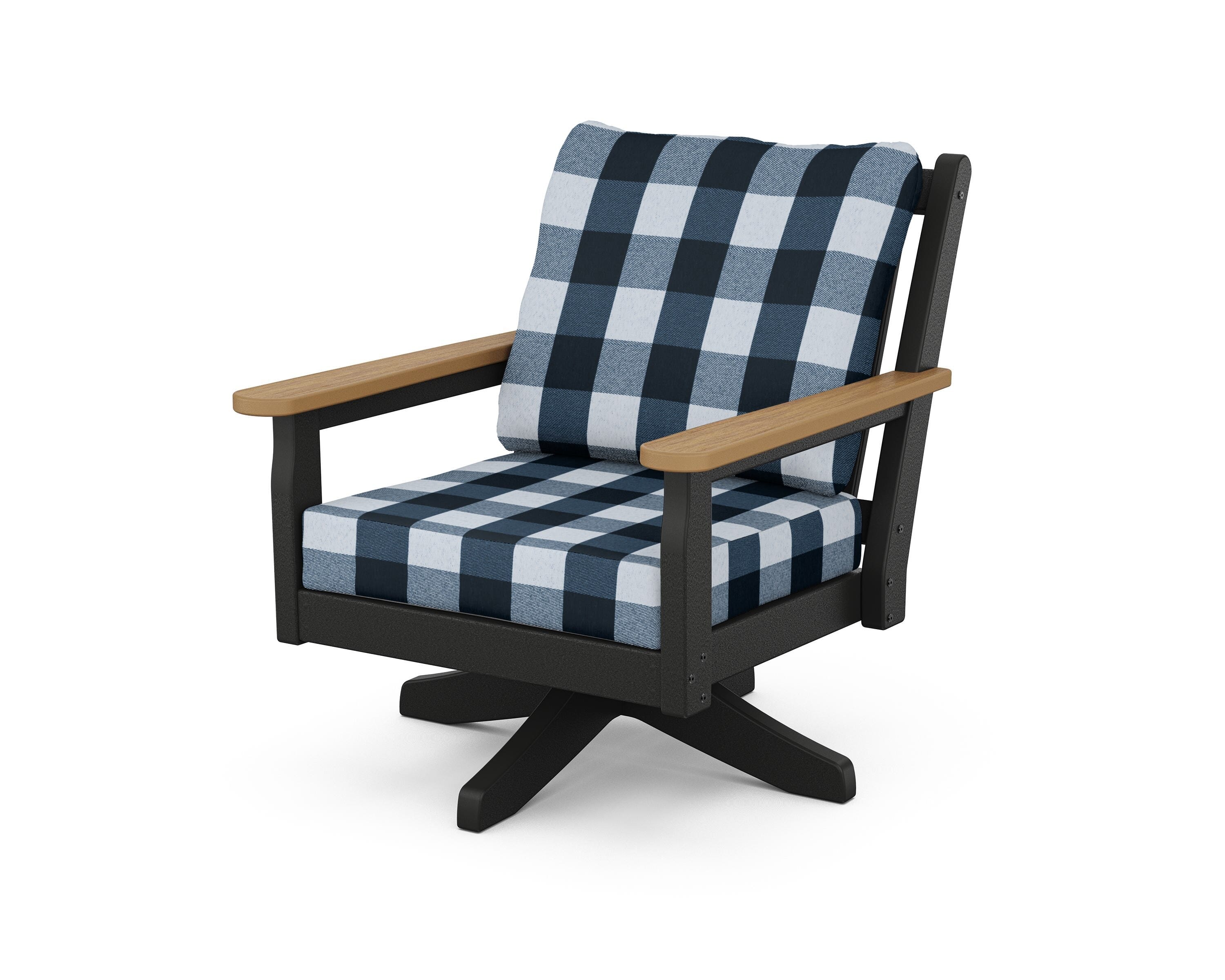 POLYWOOD® Chippendale Deep Seating Swivel Chair in Black / Natural / Buffalo Plaid Marine Indigo
