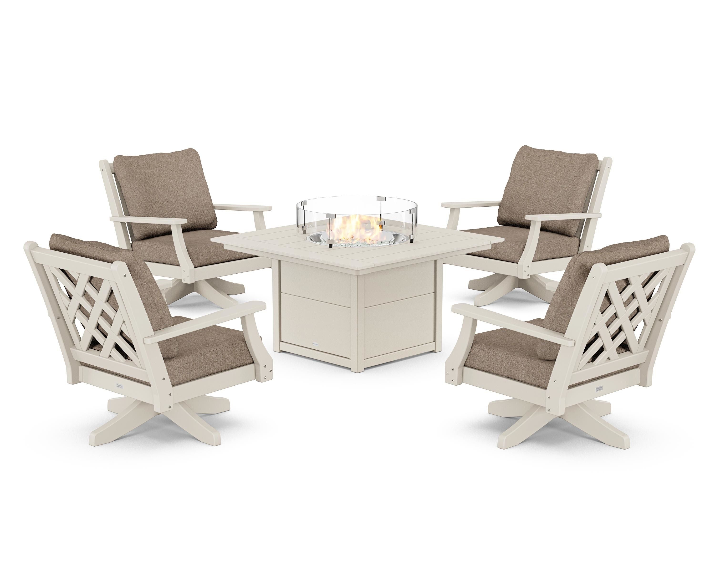 Country Living Wovendale 5-Piece Deep Seating Swivel Conversation Set with Fire Pit Table in Sand / Spiced Burlap