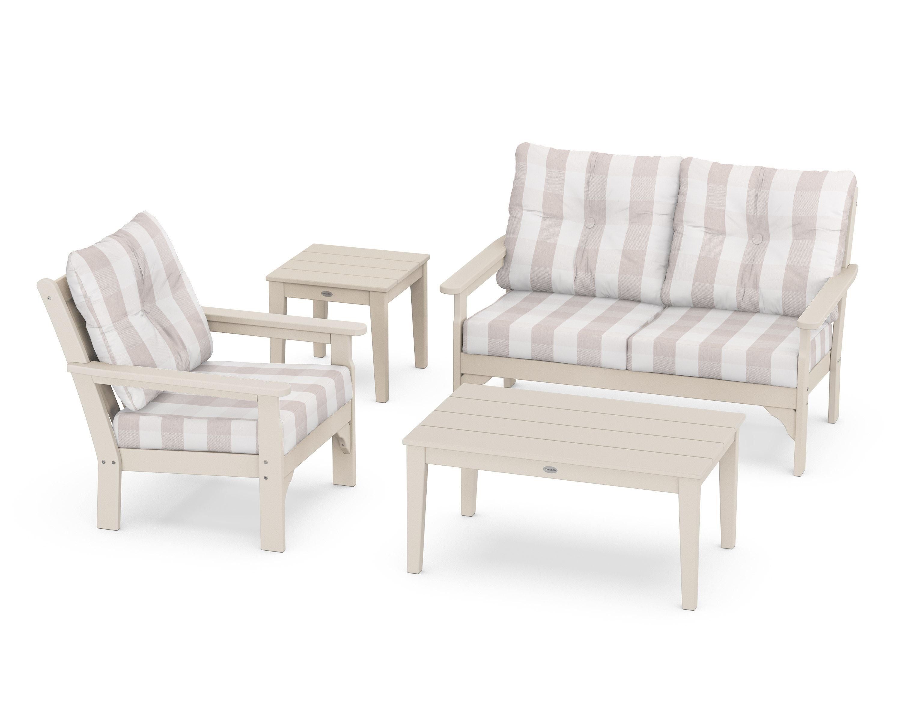 POLYWOOD® Vineyard 4-Piece Deep Seating Set in Sand / Buffalo Plaid Dune Burlap
