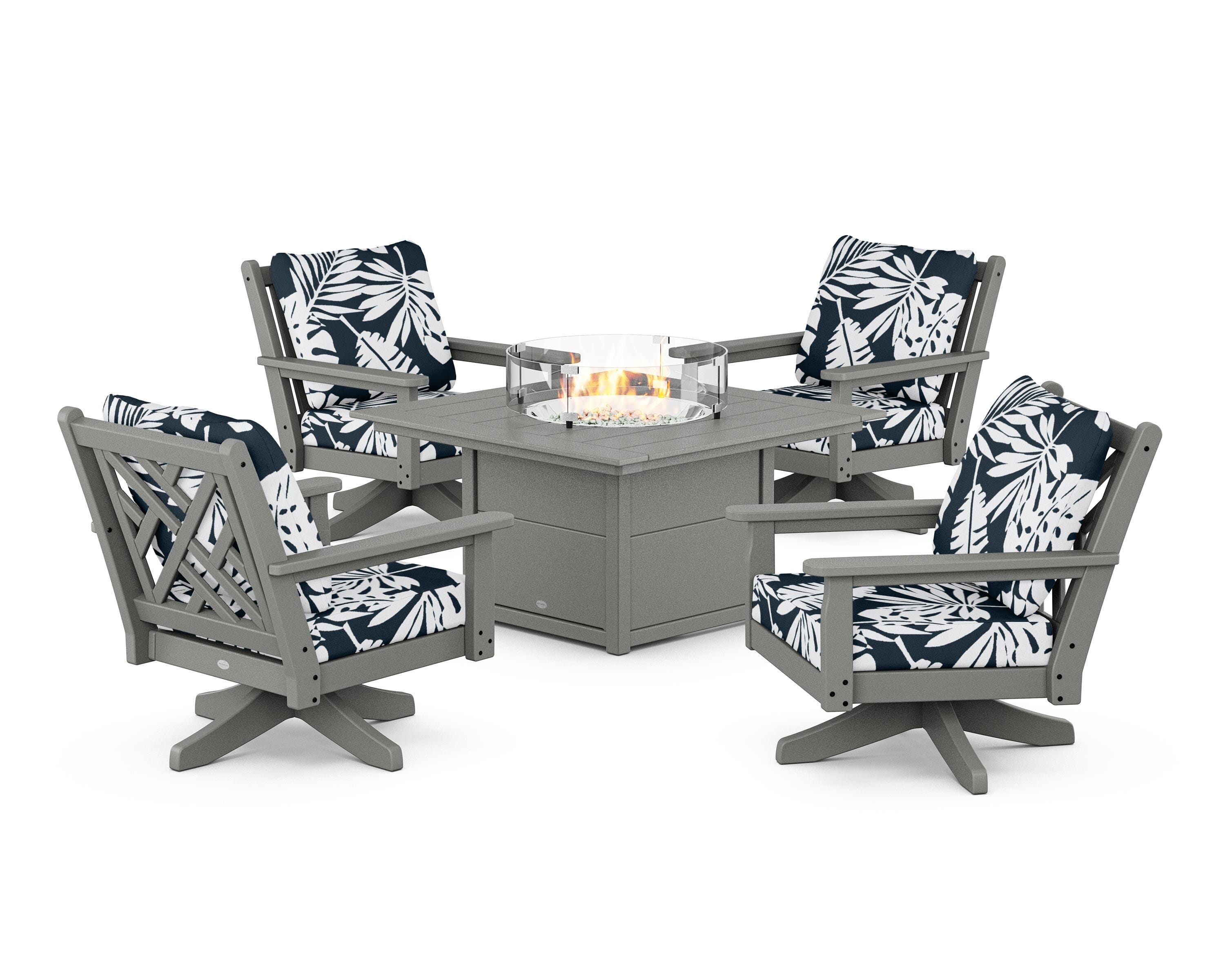 POLYWOOD® Chippendale 5-Piece Deep Seating Swivel Conversation Set with Fire Pit Table in Slate Grey / Leaf Marine Indigo