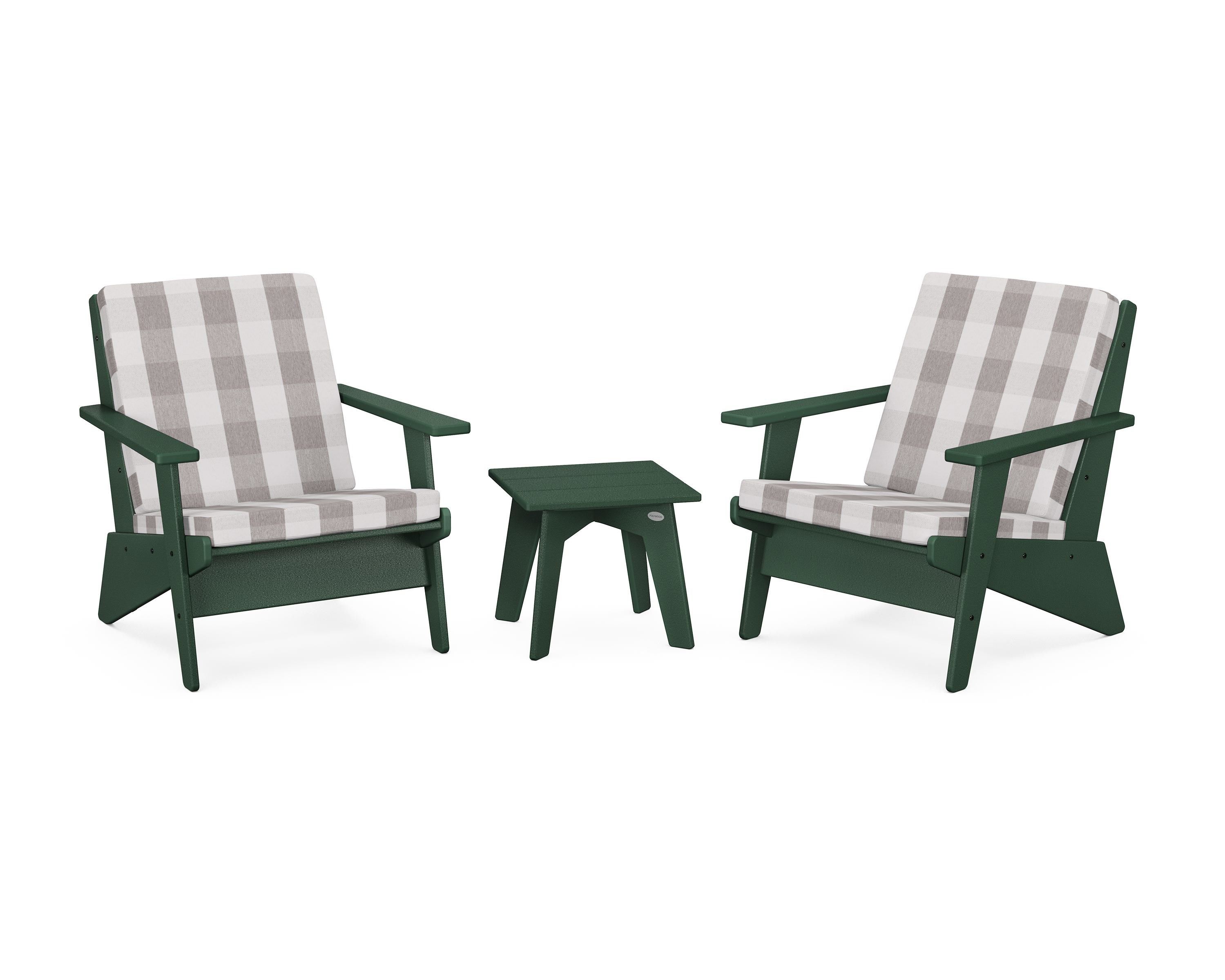 POLYWOOD® Riviera Modern Lounge 3-Piece Set in Green / Buffalo Plaid Grey Mist