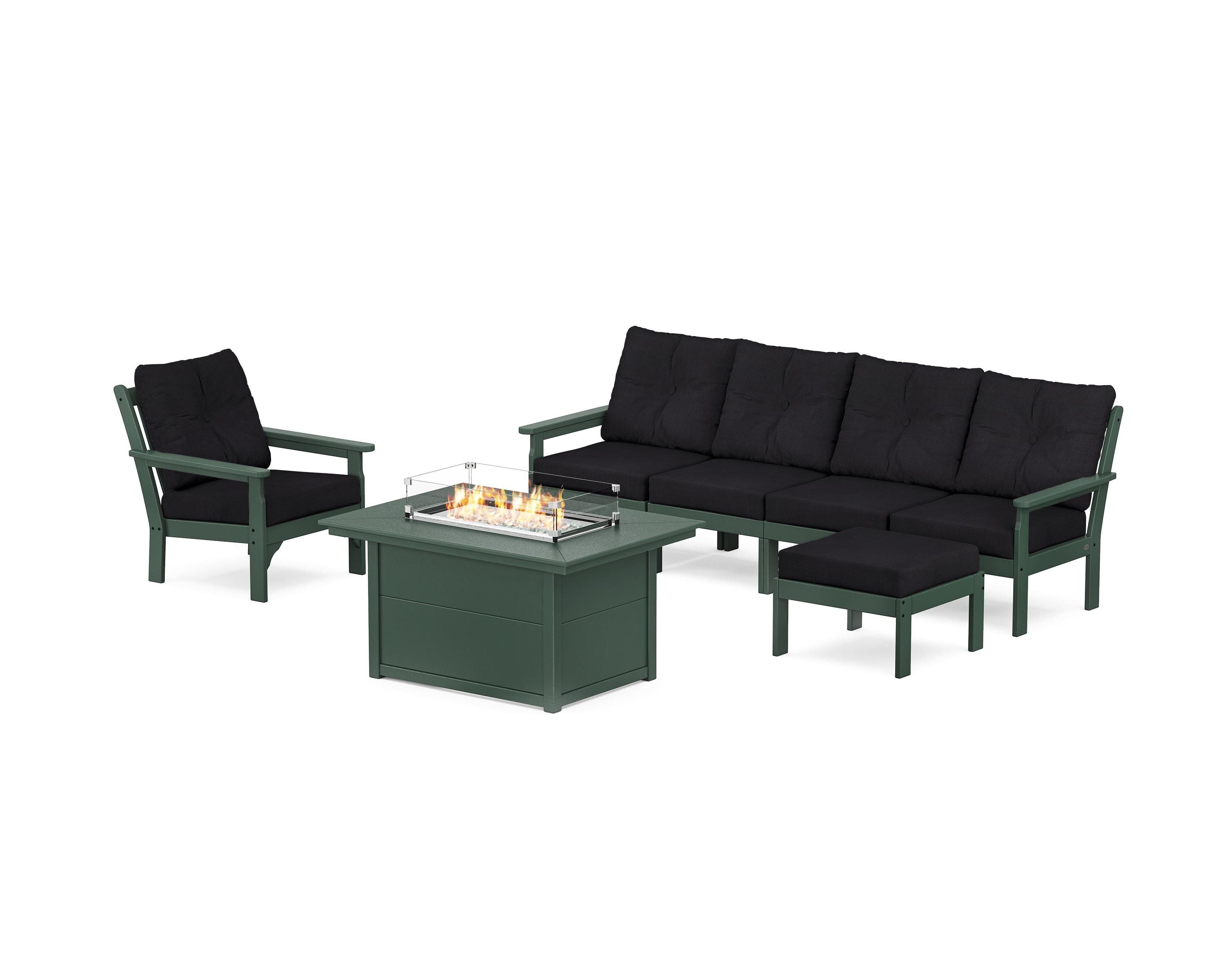 POLYWOOD® Vineyard Sectional Lounge and Fire Pit Set in Green / Midnight Linen