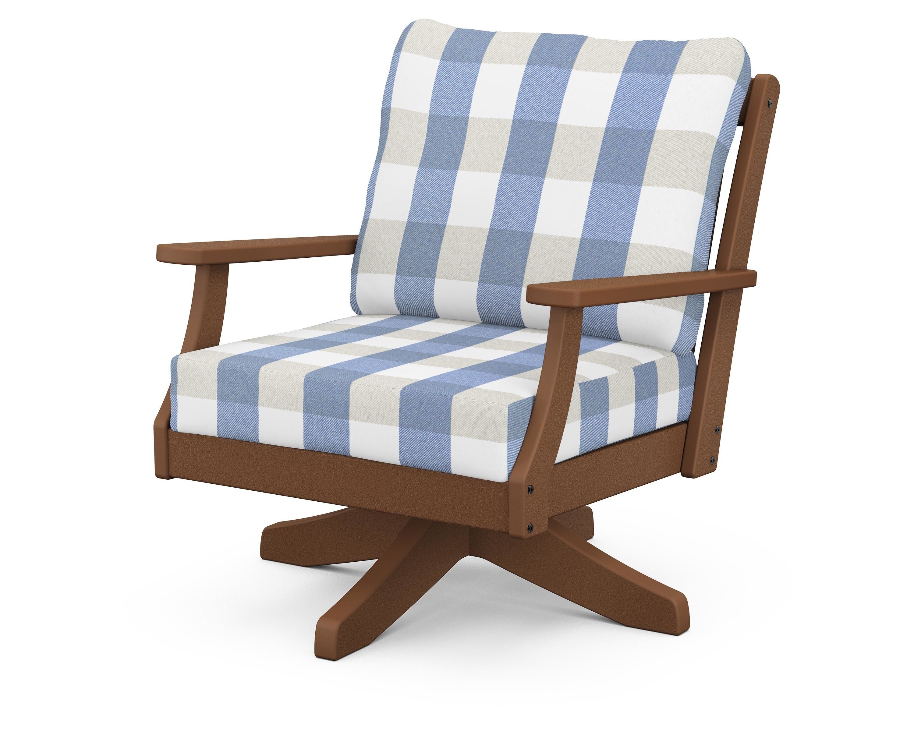 POLYWOOD® Braxton Deep Seating Swivel Chair in Teak / Buffalo Plaid Sky Blue
