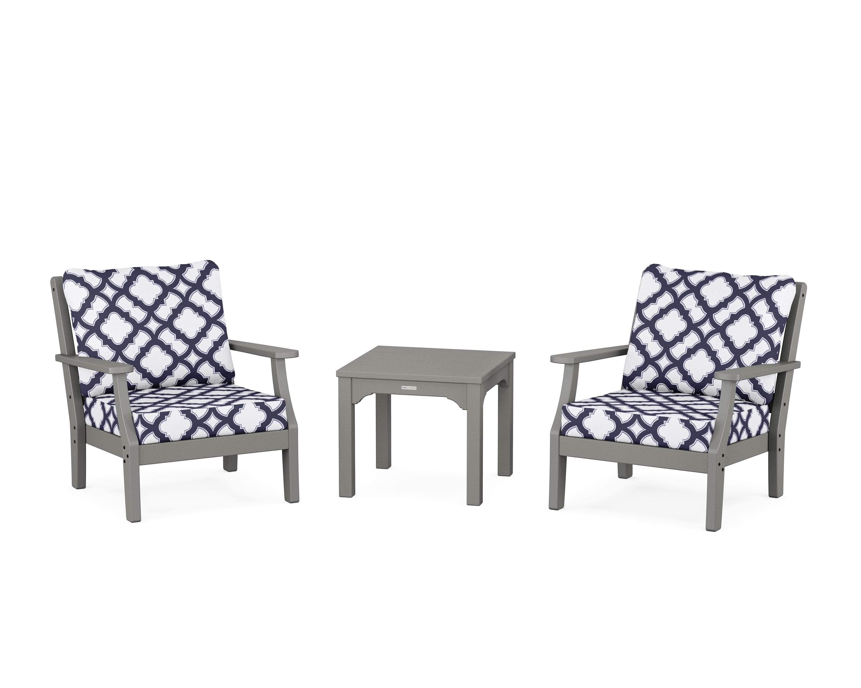 Martha Stewart by POLYWOOD® Chinoiserie 3-Piece Deep Seating Set in Slate Grey / Trellis Navy
