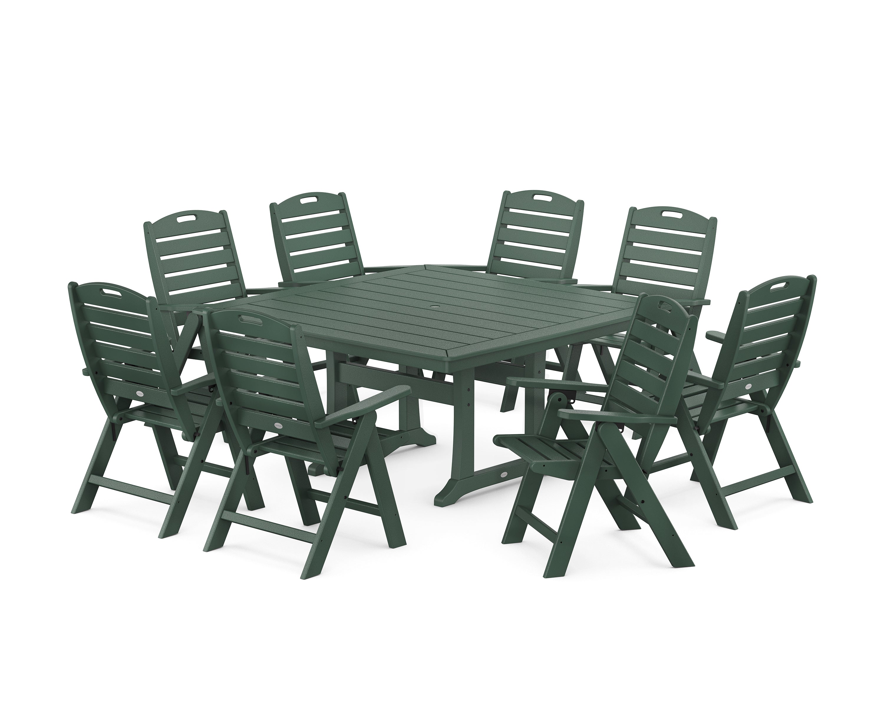 POLYWOOD® Nautical Highback 9-Piece Square Dining Set with Trestle Legs in Green