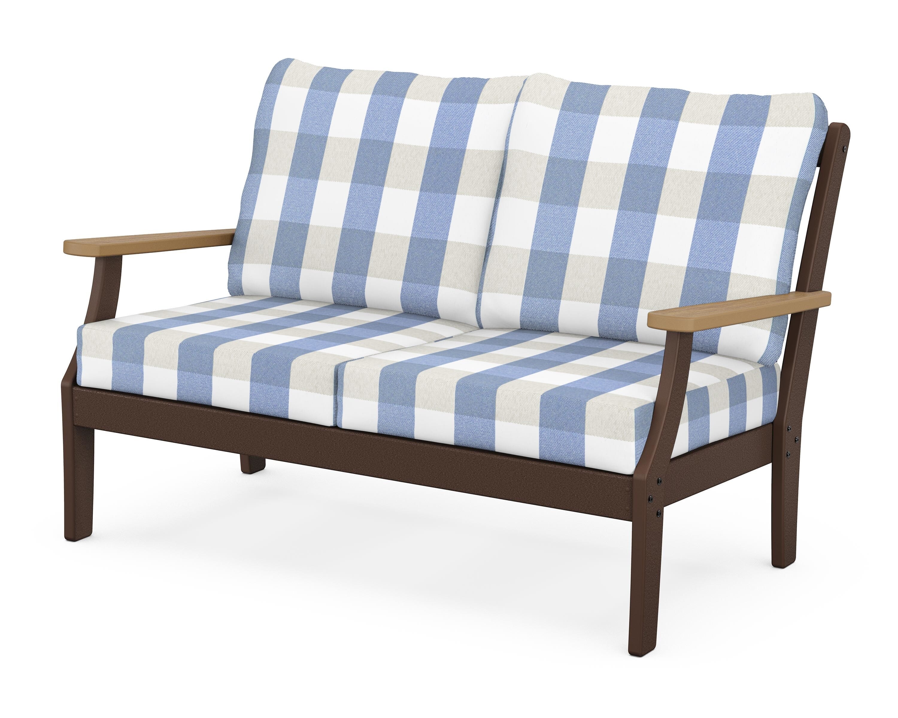 POLYWOOD® Braxton Deep Seating Loveseat in Mahogany / Natural / Buffalo Plaid Sky Blue