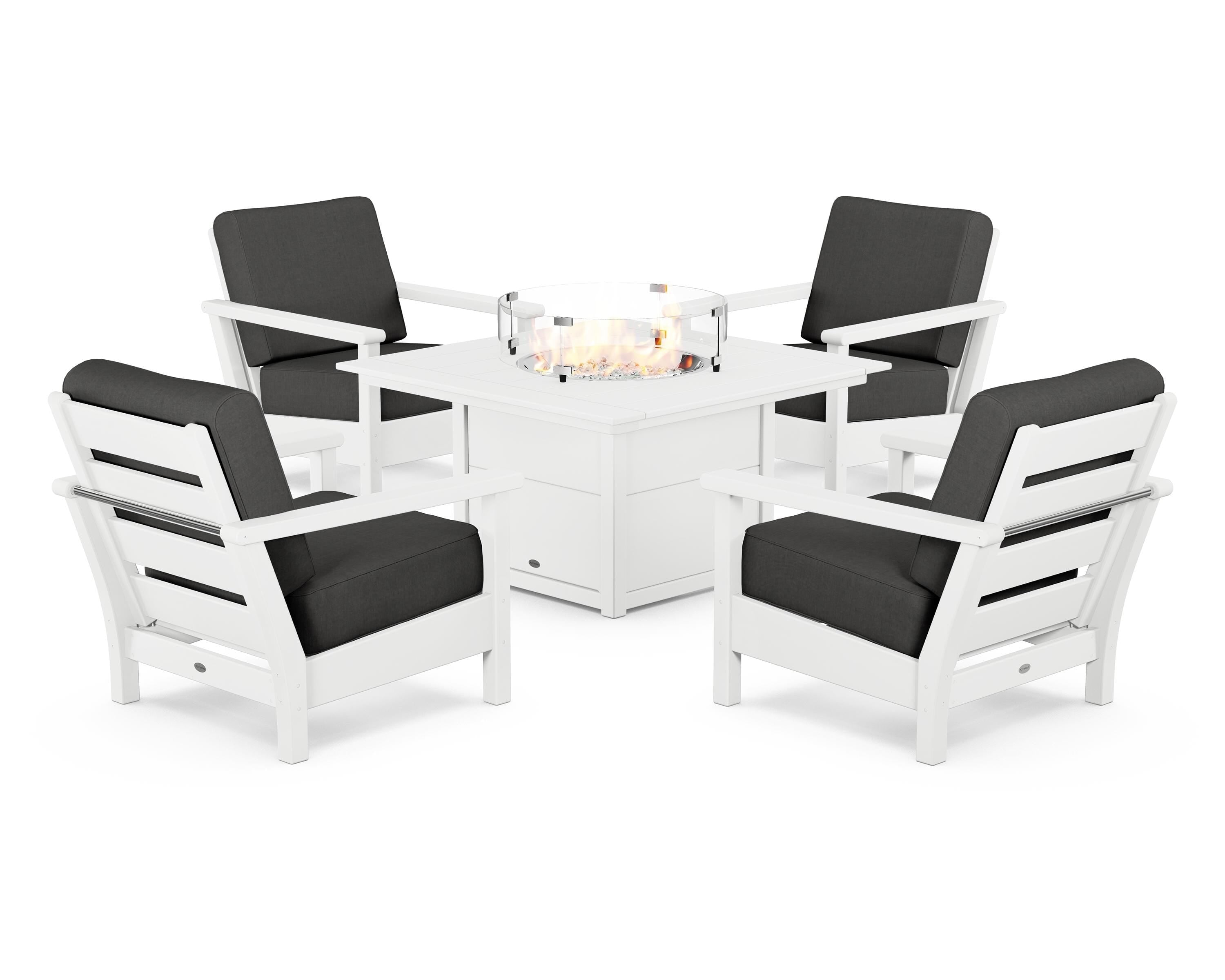 POLYWOOD® Harbour 5-Piece Conversation Set with Fire Pit Table in White / Spectrum Carbon