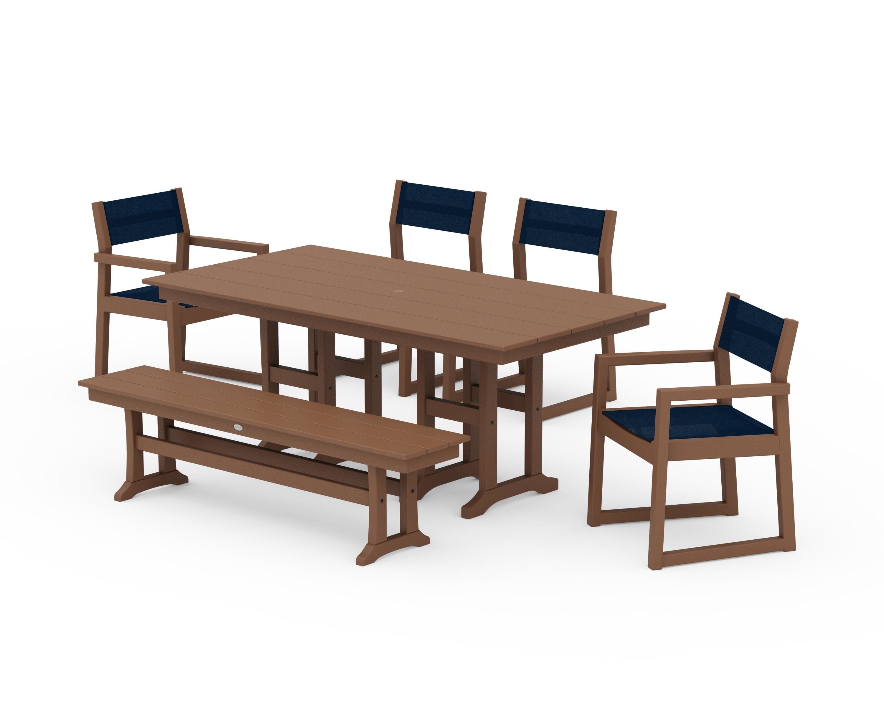 POLYWOOD® EDGE Sling 6-Piece Farmhouse Dining Set in Teak / Navy Blue Sling