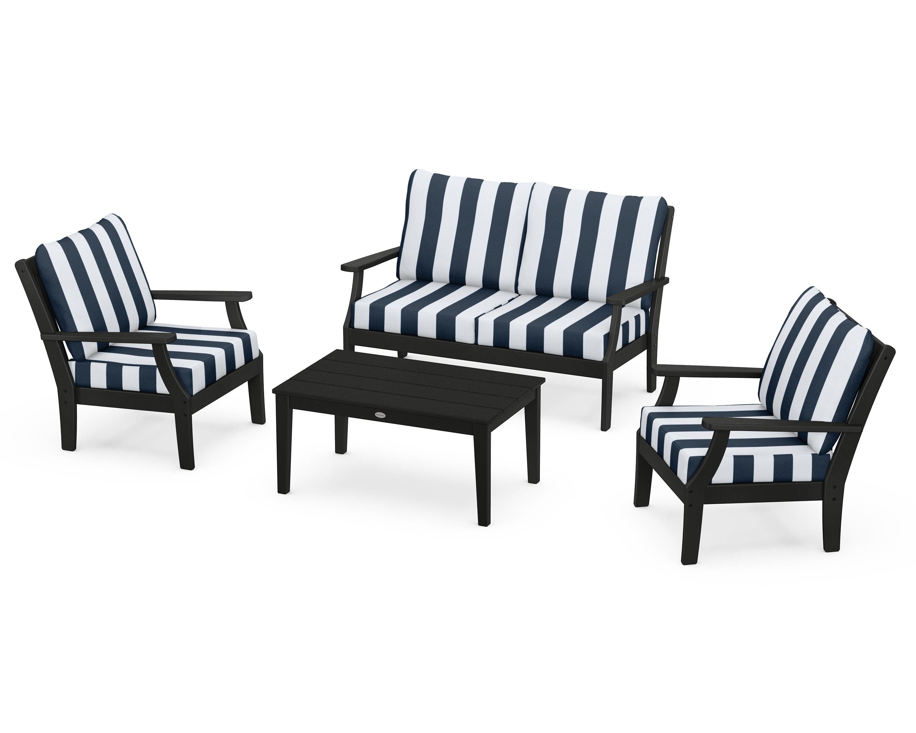 POLYWOOD® Braxton 4-Piece Deep Seating Chair Set in Black / Cabana Stripe Marine Indigo