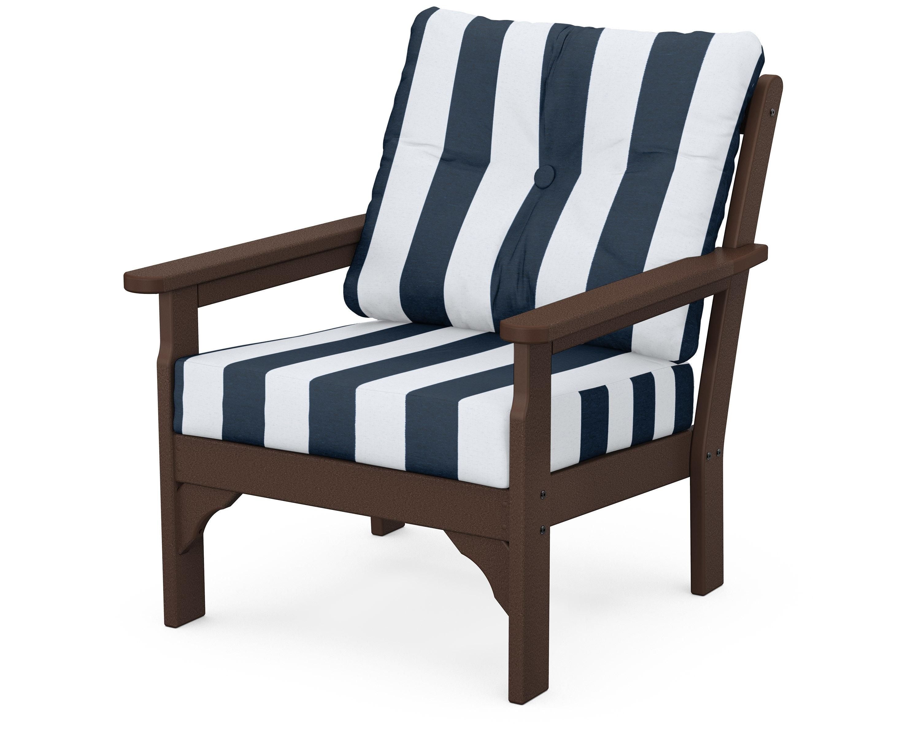 POLYWOOD® Vineyard Deep Seating Chair in Mahogany / Cabana Stripe Marine Indigo