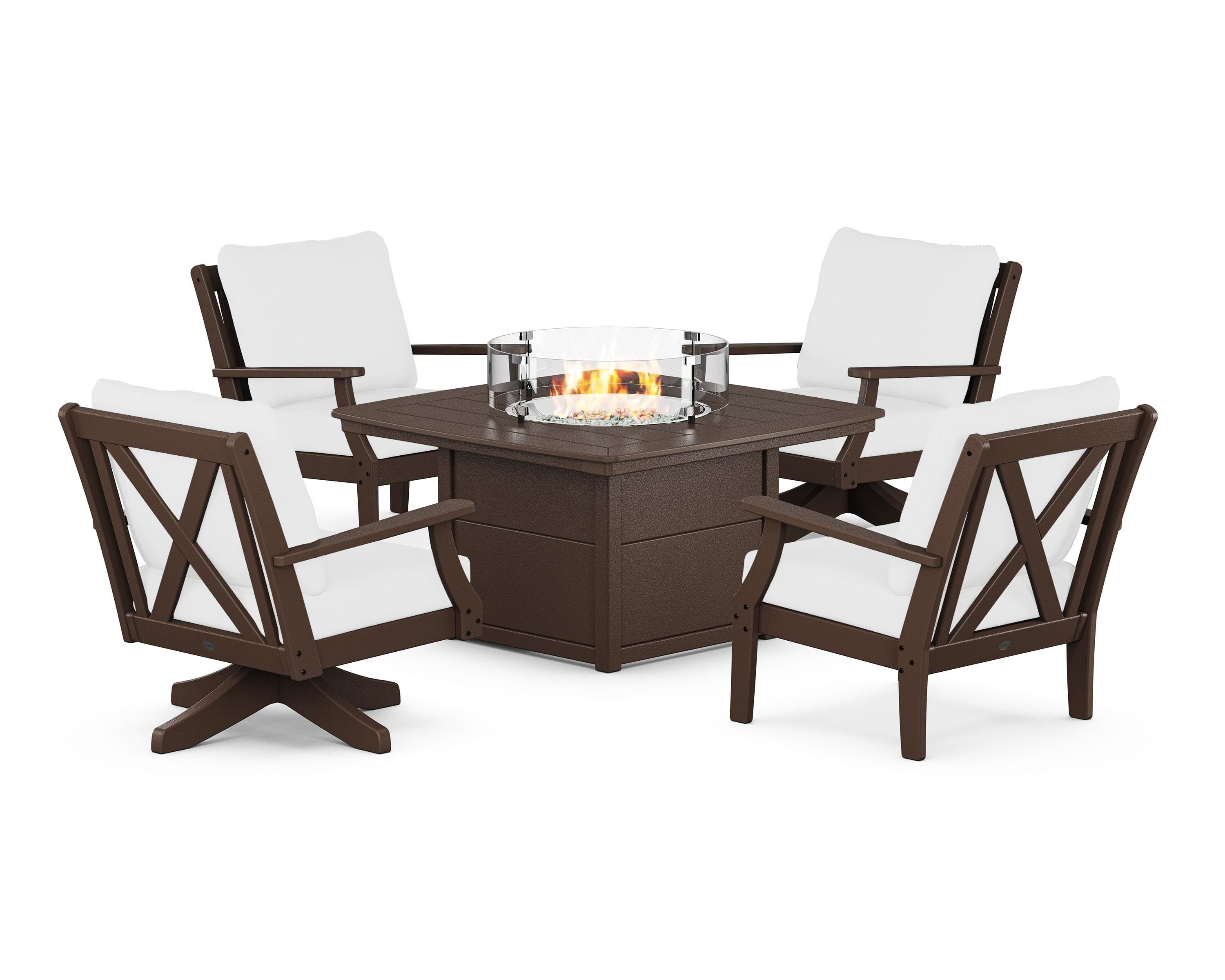 POLYWOOD® Braxton 5-Piece Deep Seating Set with Fire Table in Mahogany / Natural